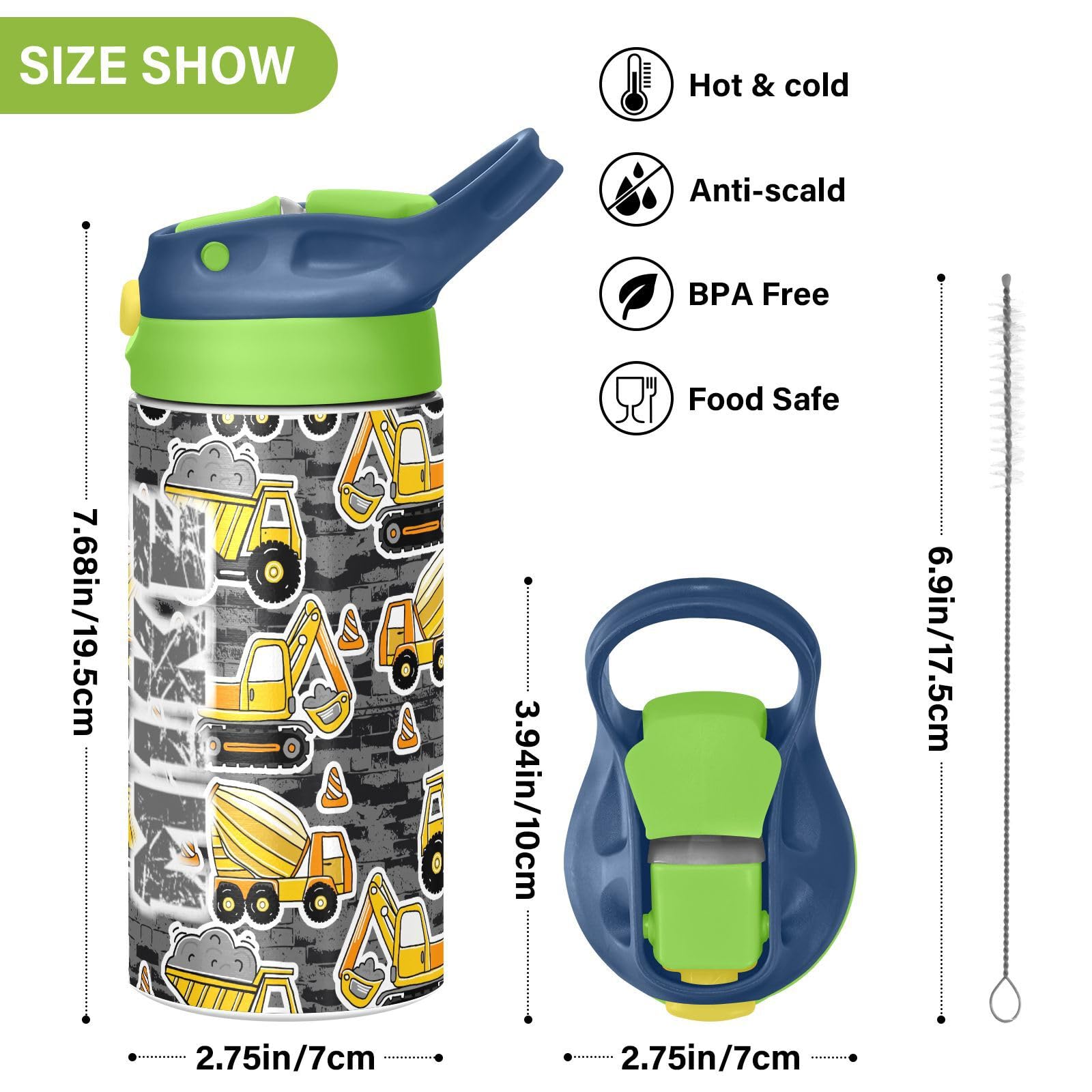 Custom Insulated Stainless Steel Water Bottle with Straw - Personalized Construction Machines Design - Vacuum Insulated Travel & Office Water Bottle for Construction Workers, Outdoor Enthusiasts & Professionals