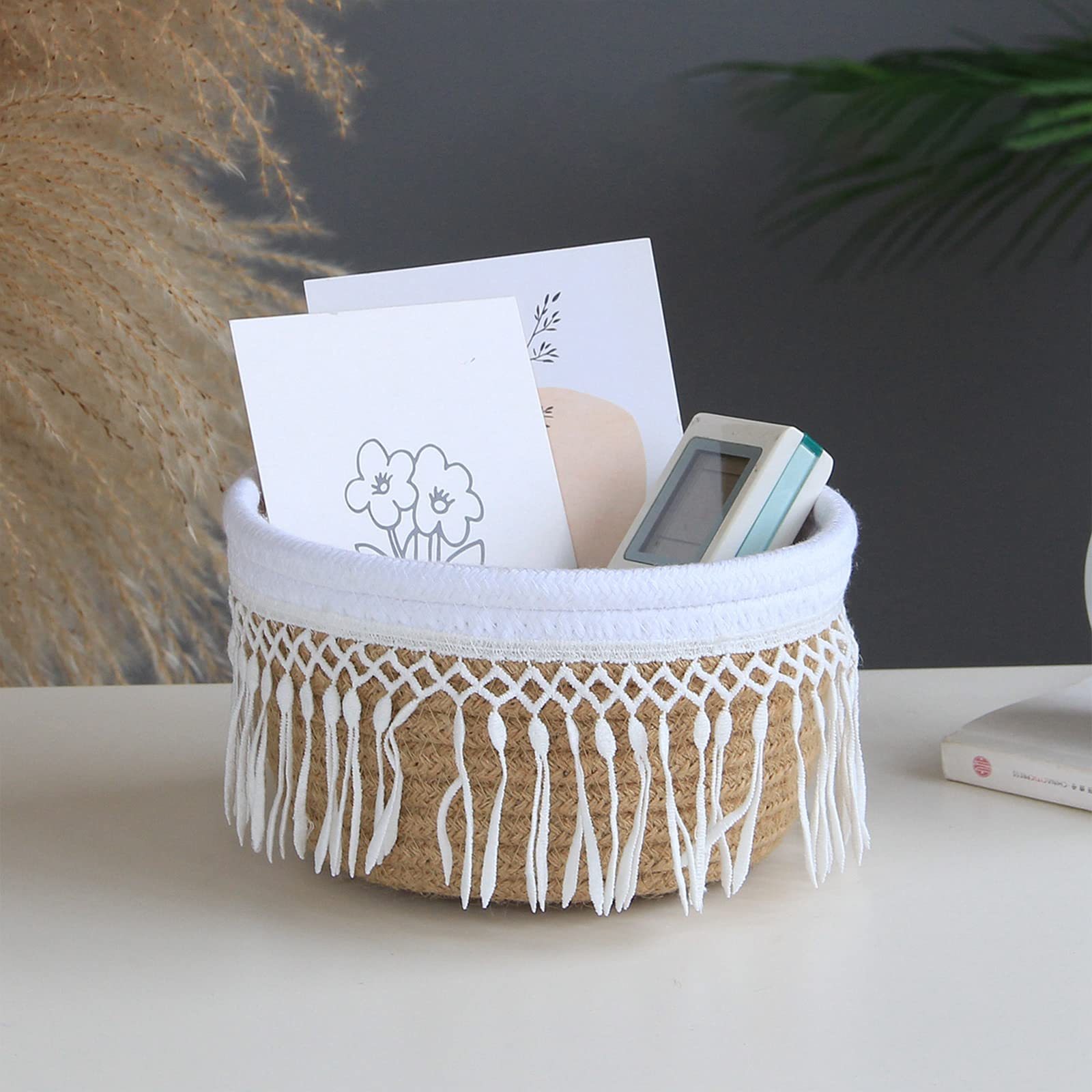 3-Pack Boho Cotton Rope Woven Tassel Storage Baskets - Small Decorative Baskets for Desk, Bedroom, Living Room & Bathroom Organization | Perfect for Home Decor, Gift Giving & Clutter Control