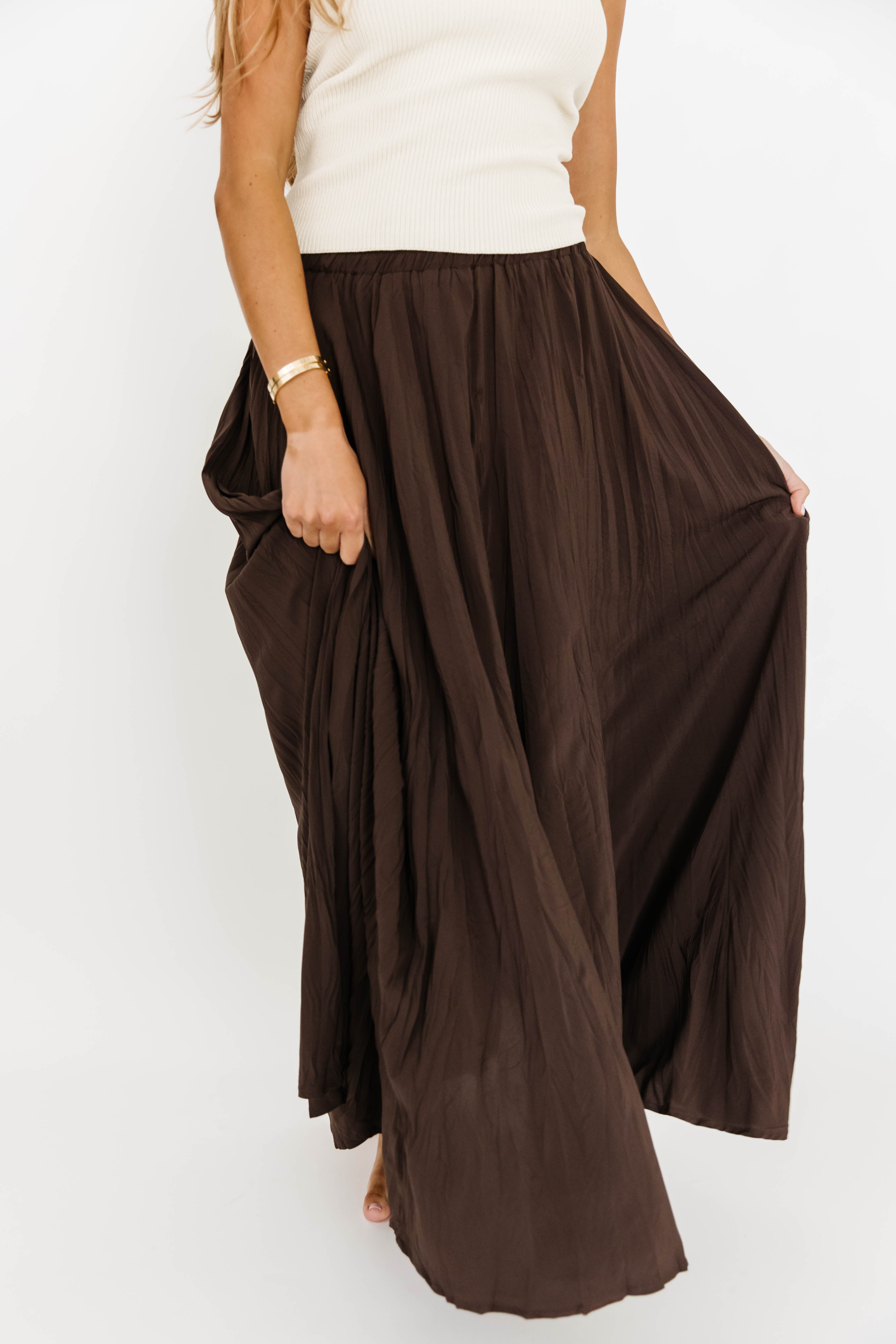 Apolline Crinkle Maxi Skirt in Dark Brown | Flowy Boho Skirt for Women | Perfect for Beach Vacations, Music Festivals & Summer Outfits