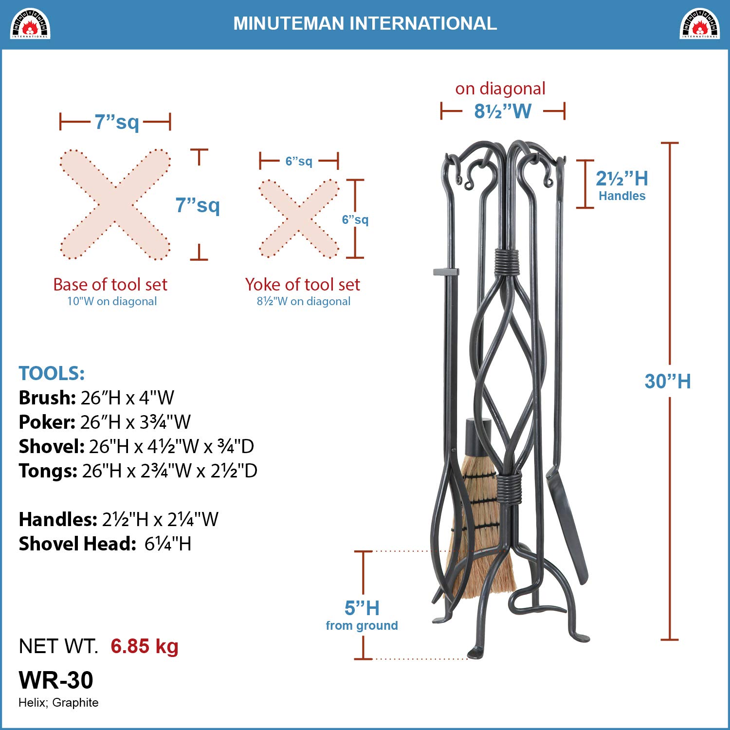 Helix 5-Piece Wrought Iron Fireplace Tool Set - Durable Fireplace Accessories with Stand, Poker, Brush, Shovel & Tongs - Perfect for Fireplace Maintenance & Home Decor (Black Finish) - Ideal for Indoor Fireplaces, Outdoor Fire Pits & Cozy Winter Nights