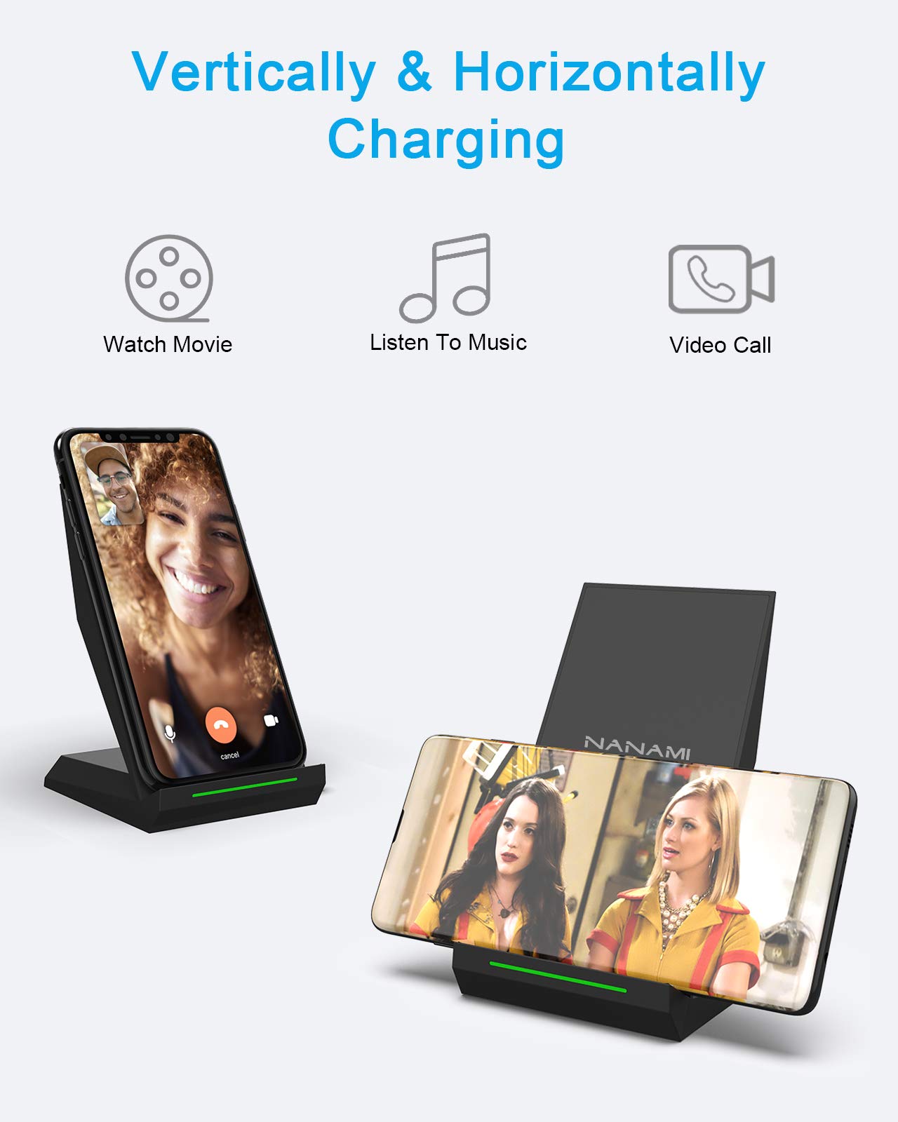 NANAMI Fast Wireless Charger - Qi Certified 15W Wireless Charging Stand & Pad Set, Compatible with iPhone 15/14/13/12/Pro Max/Mini/11, Samsung Galaxy S24/S23/S22/S21/S20/Note 20, AirPods Pro - Perfect for Home, Office & Nightstand Charging
