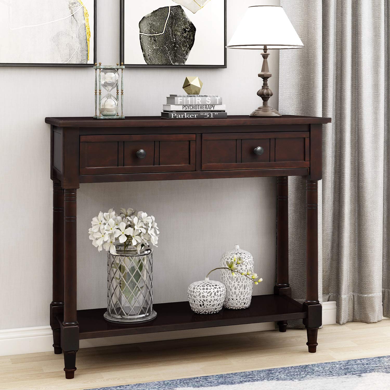 Vintage Solid Wood Console Table with 2 Storage Drawers & Open Shelf - Entryway, Hallway & Living Room Sideboard - Espresso Finish (35.43