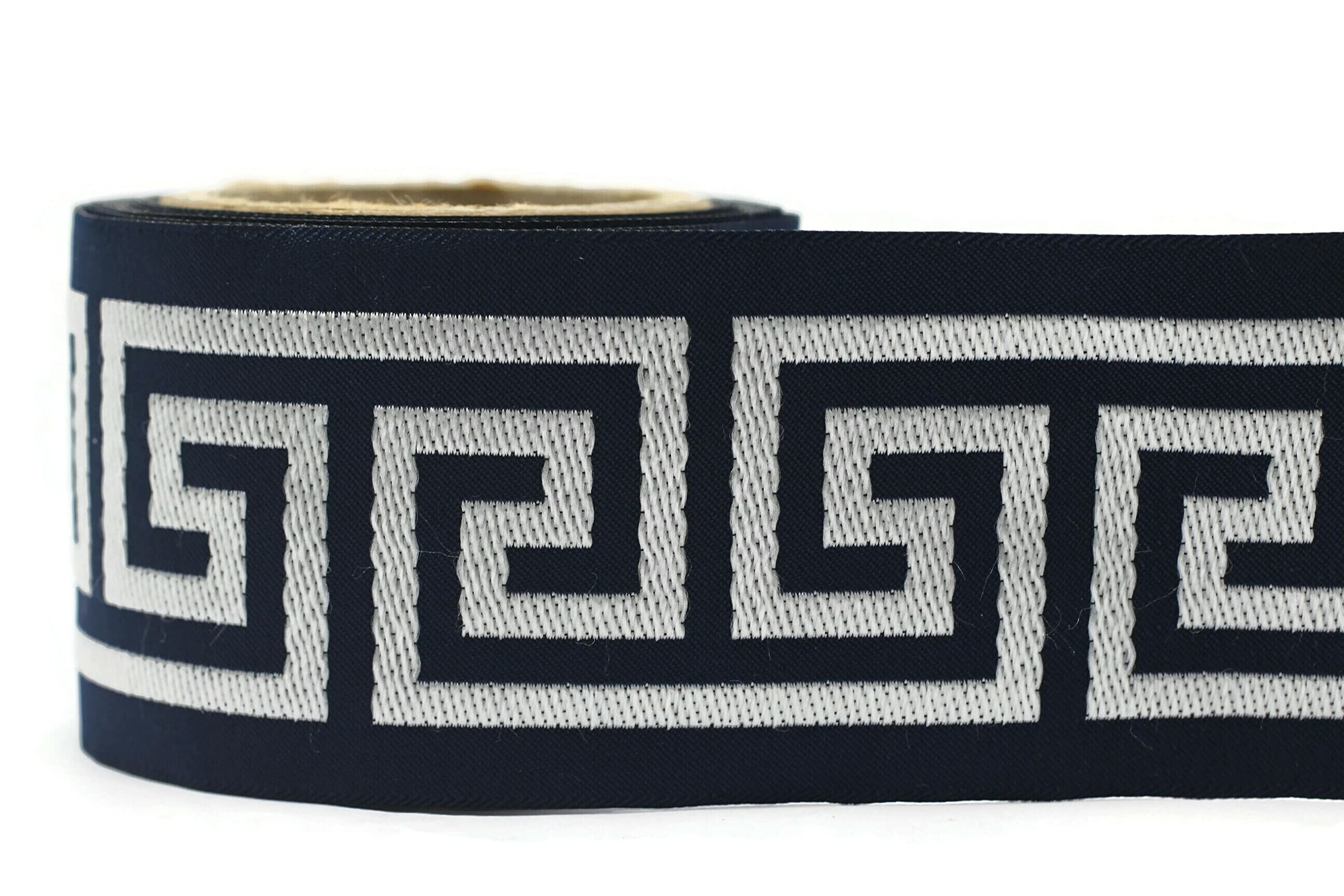 16 Yards Dark Blue Greek Key Ribbon Trim - 2.67 Inch Wide Jacquard Drapery Banding Tape for Curtains, Drapes & Upholstery Fabric (176-V10) - Perfect for Home Decor, DIY Projects & Wedding Decorations