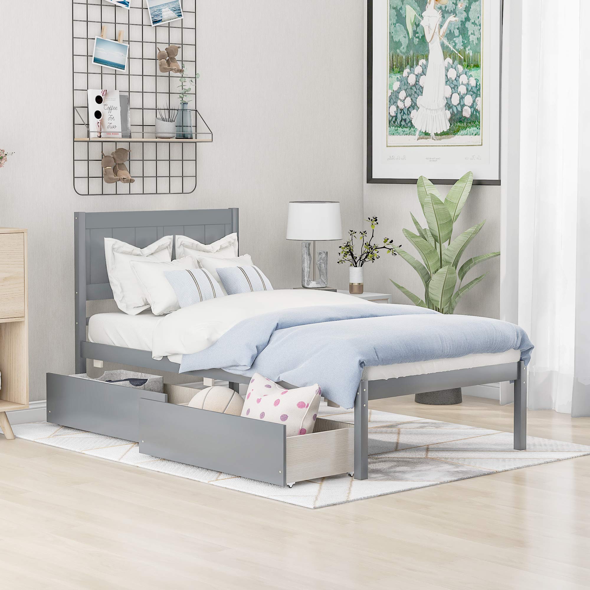 Solid Wood Twin Size Platform Bed Frame with 2 Drawers - No Box Spring Needed, Easy Assembly, Space-Saving Design for Small Bedrooms - Natural Gray Finish | Perfect for Kids Rooms, Guest Bedrooms & Studio Apartments