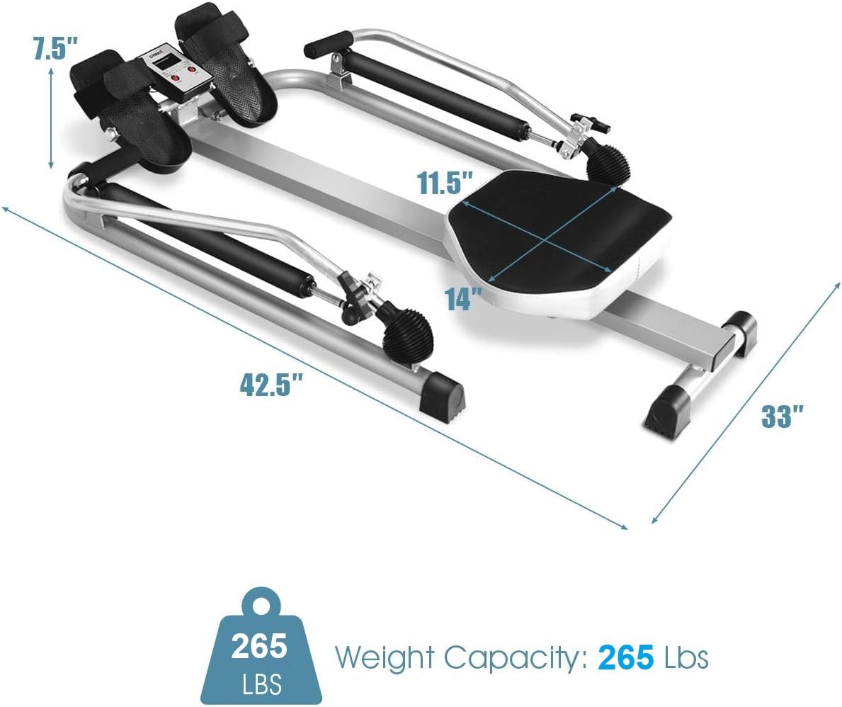 GYMAX Hydraulic Rowing Machine for Home Workout - 265LBS Weight Capacity, Adjustable Resistance up to 110lbs with LCD Monitor - Compact Full Motion Rower for Cardio & Strength Training - Perfect for Small Spaces & Home Gym Fitness