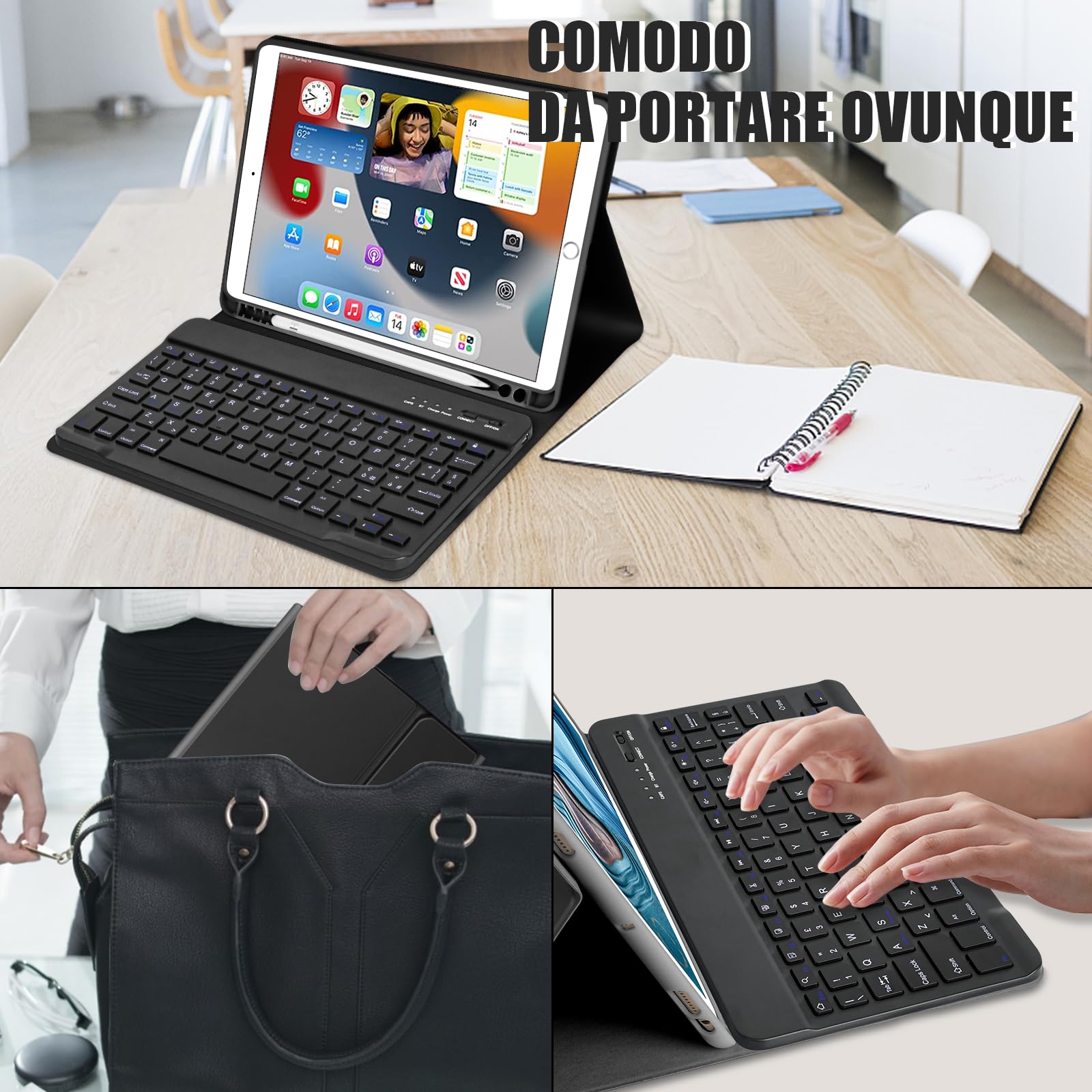 HOTLIFE Magnetic Detachable Bluetooth Keyboard Case for iPad 10.2 (7th/8th/9th Gen 2019-2021), iPad Pro 10.5 & iPad Air 3 - Italian Layout Wireless Keyboard Cover (Black) | Perfect for Work, Study & Travel