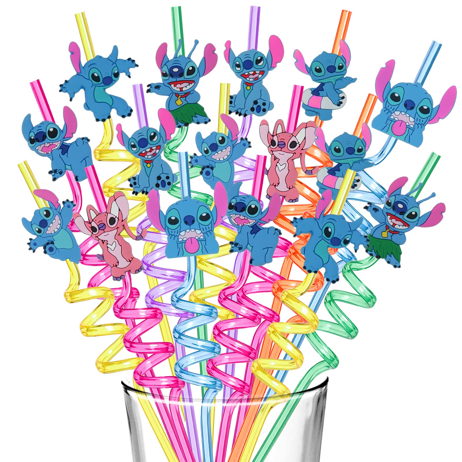 16-Piece Stitch Themed Reusable Straws - Colorful Disney Lilo & Stitch Drinking Straws for Kids Birthday Party, Baby Shower, and Themed Events - Perfect for Disney Party Decorations, Gifts for Boys and Girls