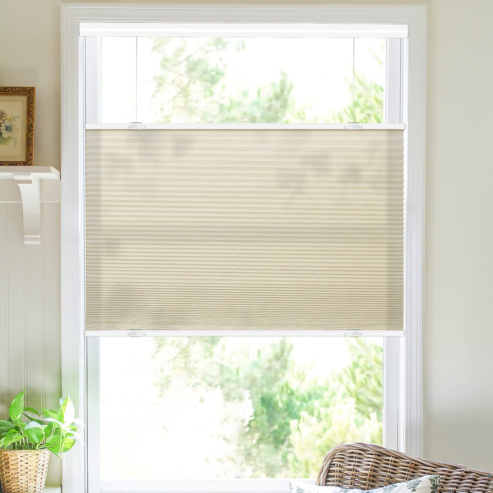 MiLin Cordless Cellular Shades - Top Down Bottom Up Honeycomb Blinds for Windows, Light Filtering Creamy 46