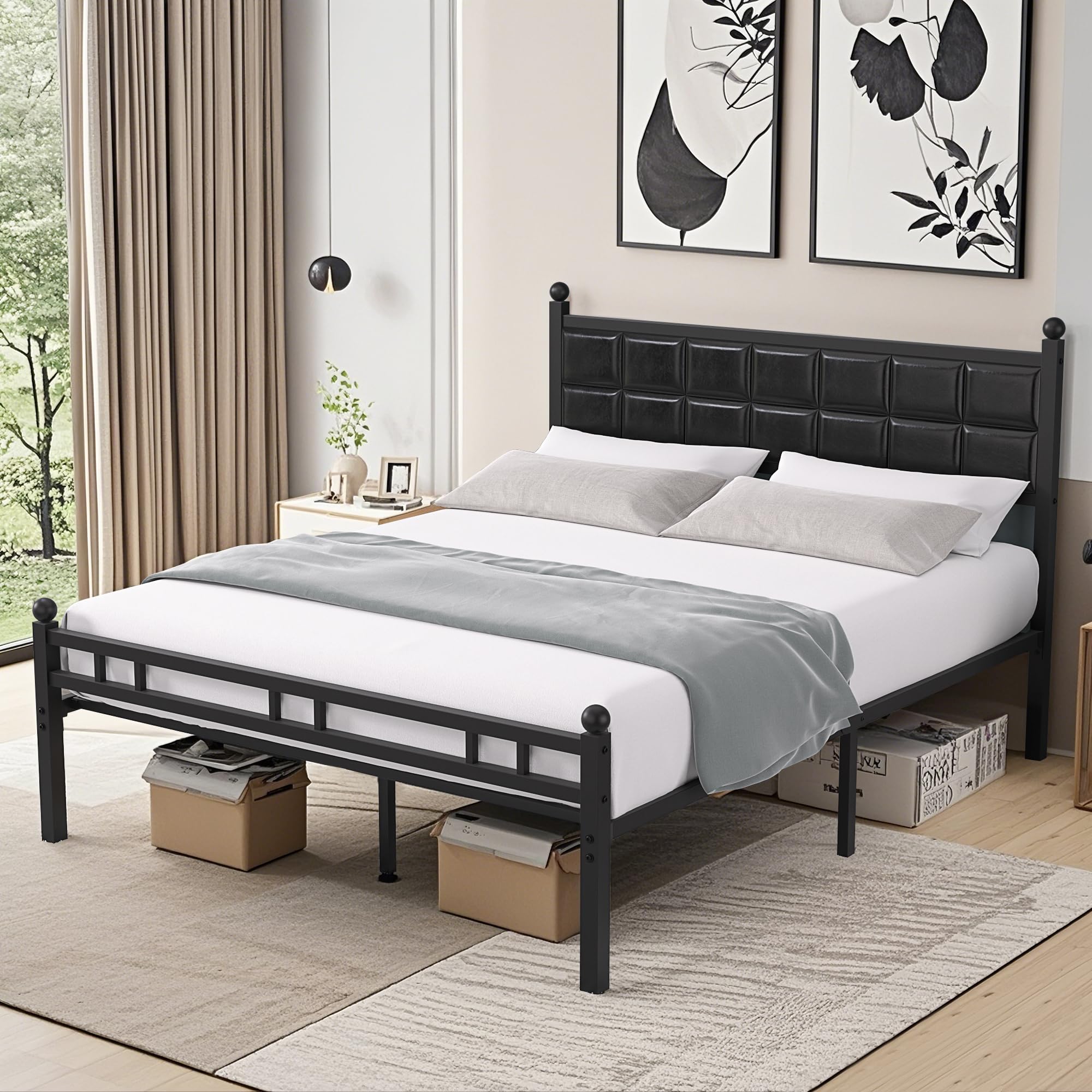 VECELO Queen Size Bed Frame with PU Upholstered Headboard - Heavy Duty Metal Platform Bed with 12 Inch Under Bed Storage, No Box Spring Needed, Black - Perfect for Small Bedrooms, Guest Rooms & Modern Apartments