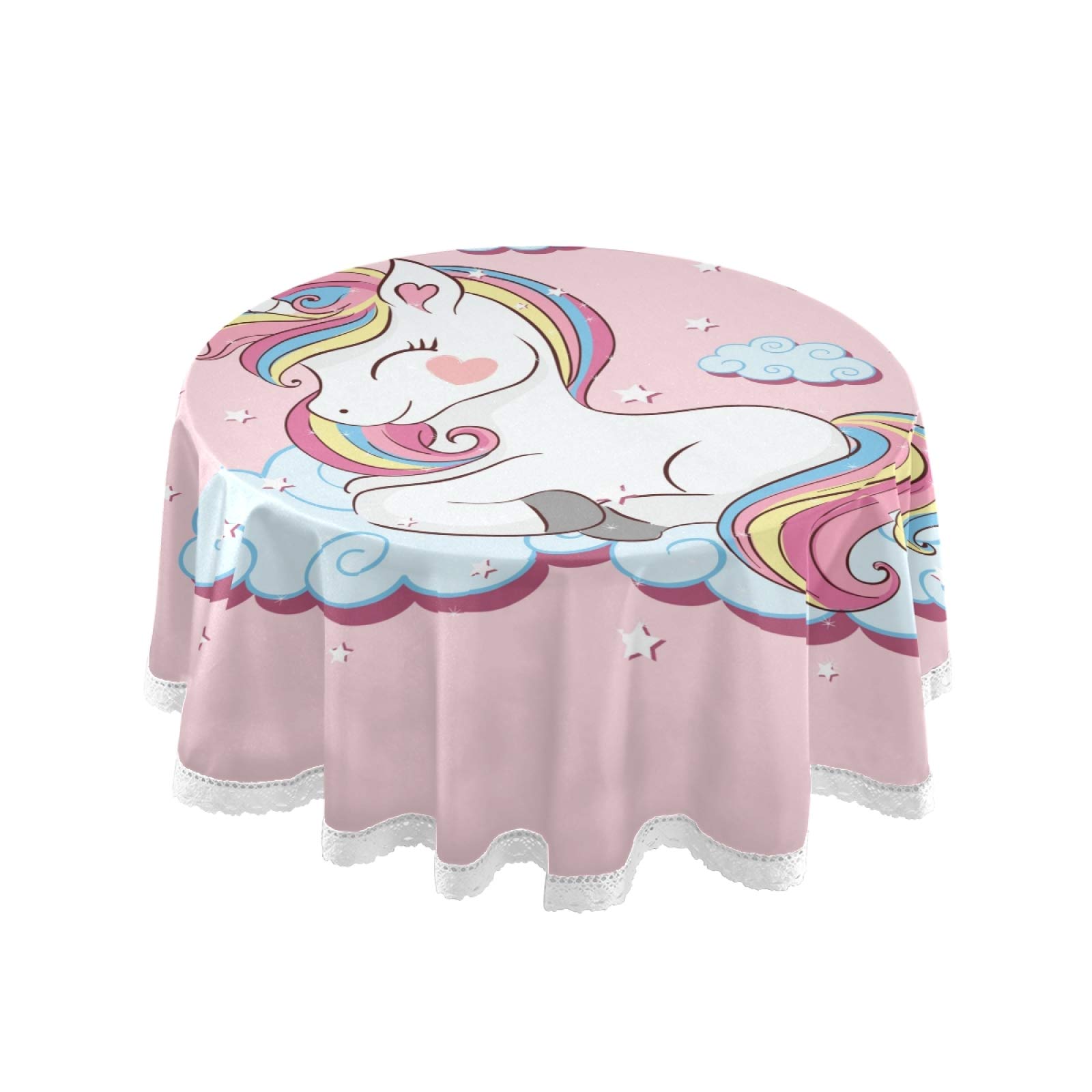 ALAZA 60x60 Inch Round Elastic Tablecloth - Cute Unicorn Clouds & Stars Design, Wrinkle-Resistant Pink Table Cover for Dining, Kitchen, Parties, Baby Showers & Outdoor Events