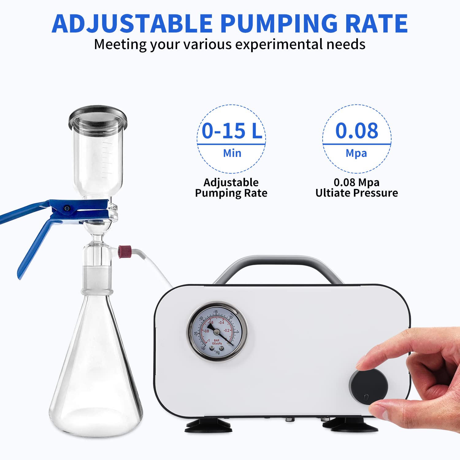 Oil-Free Diaphragm Vacuum Pump for Laboratory Use - 0-15L/min Adjustable Flow Rate, Portable Small Lab Vacuum Filtration System with Rubber Tubing (110V-220V) - Ideal for Chemistry Experiments, Medical Research & Scientific Applications
