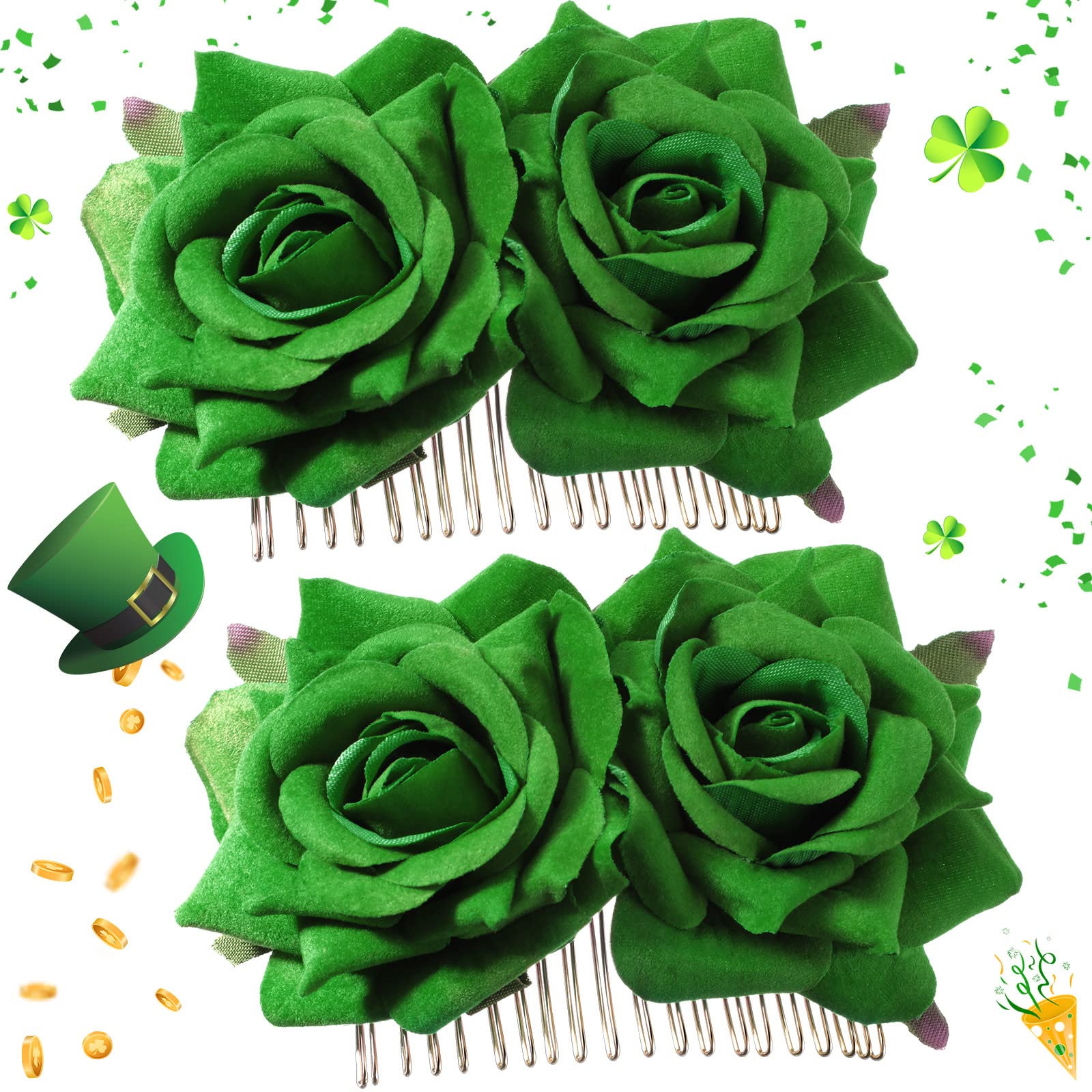 MTLEE 2 Pack Green Rose Flower Hair Clips - St. Patrick's Day Hair Accessories for Women & Girls, Irish Rose Hairpins, Shamrock Hair Comb for St. Paddy's Day Party, Wedding, Festival & Cosplay