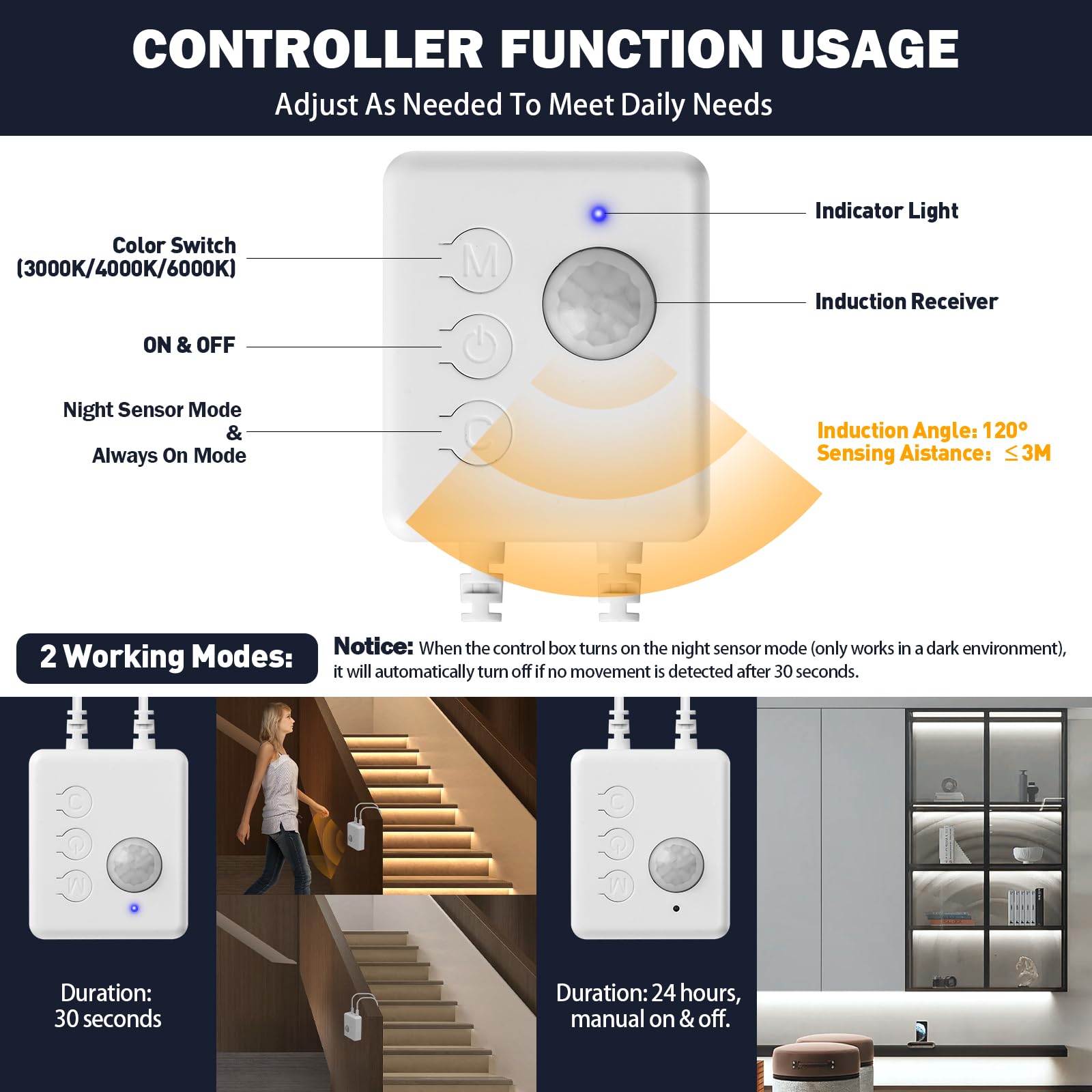 Motion Sensor LED Strip Lights 16.4Ft - Under Bed Lighting with Always On & Night Modes, Flexible Cuttable 3000K-6000K Warm to Cool White - 12V Plug-in Rope Lights for Cabinets, Stairs, Closets (Ideal for Nighttime Safety & Home Decor)