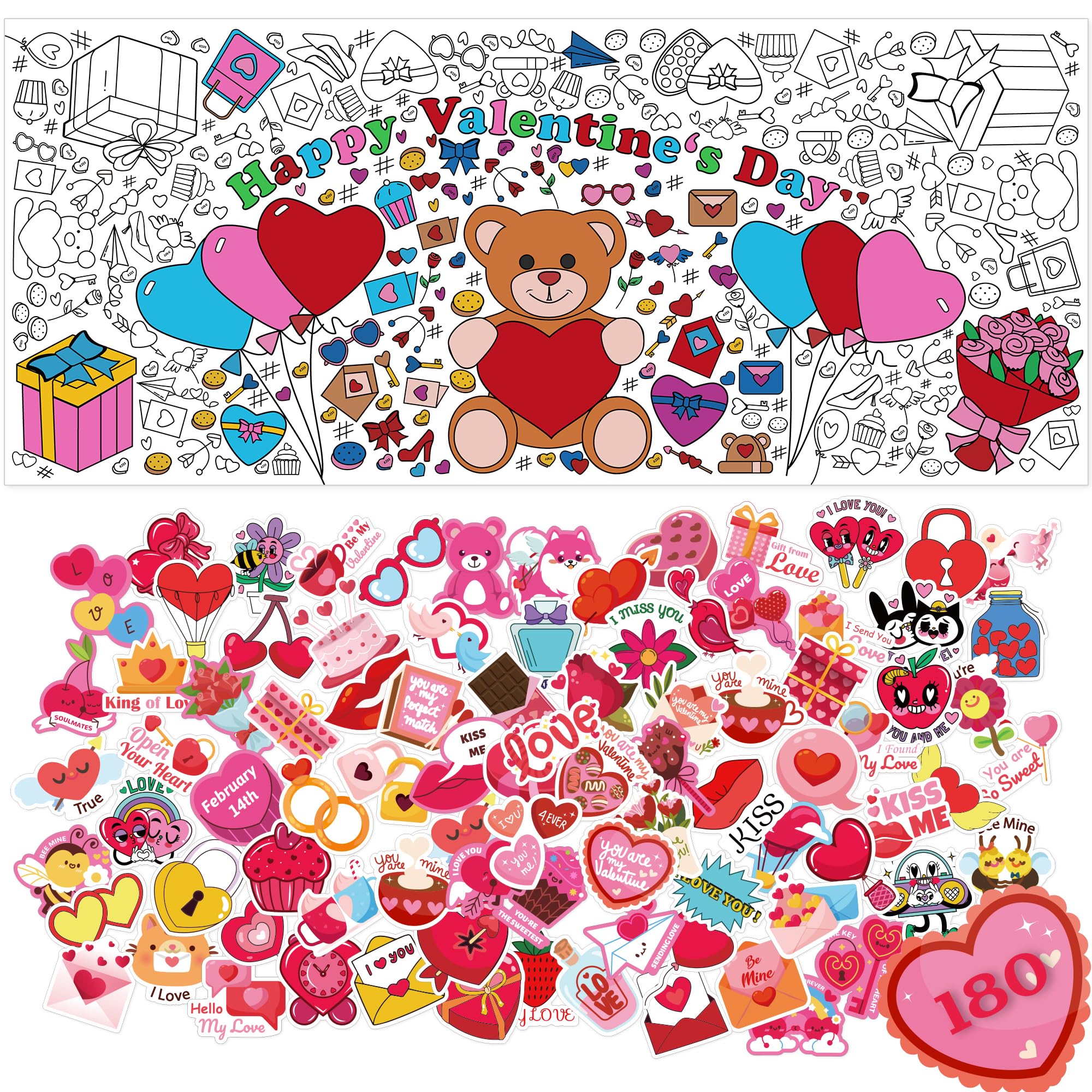 OHOME 180 PCS Valentine's Day Stickers Kit - Kids Coloring Tablecloth with Fun Stickers - Perfect Valentine's Gifts for Children & Classroom Activities - Great for Valentine's Day Parties, School Crafts, and Family Fun