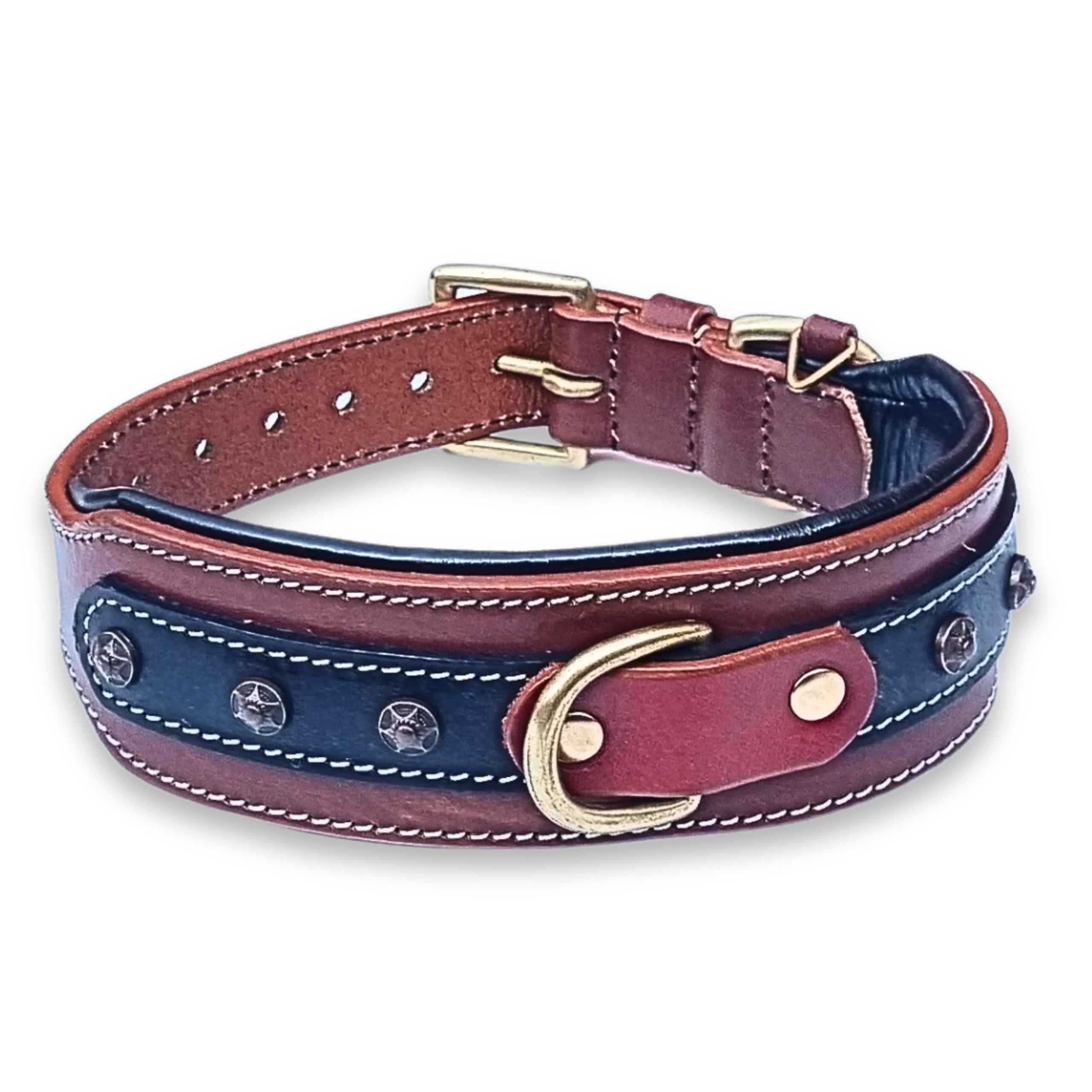 Premium Genuine Leather Dog Collar with Soft Padding & Brass Studs - 2 Inch Wide Adjustable Pet Collar for Medium Dogs - Durable & Comfortable for Daily Walks, Training & Outdoor Adventures
