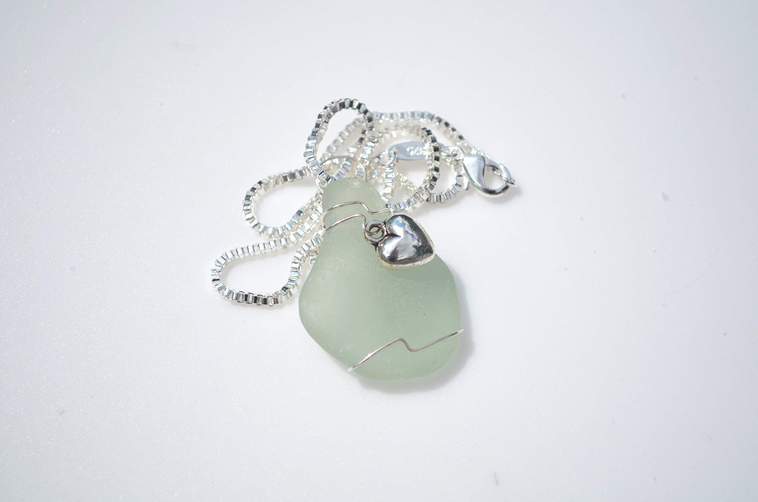 Authentic Aqua Sea Glass Necklace with Sterling Silver Heart Charm – Perfect for Beach Weddings, Boho Fashion & Gift Giving