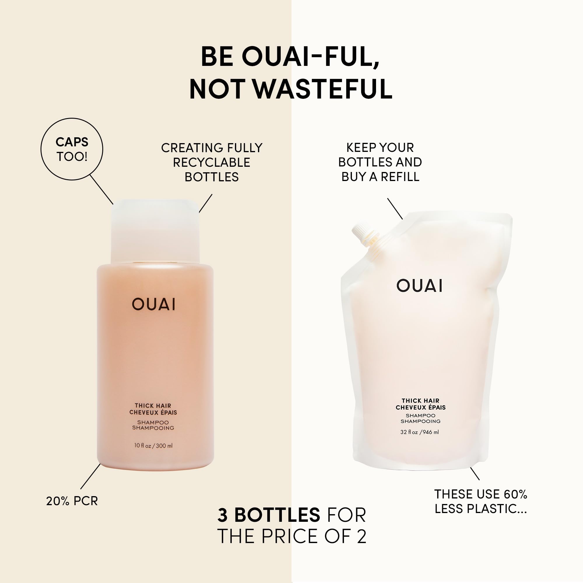 OUAI Thick Shampoo + Refill - Moisturizing Shampoo with Keratin, Marshmallow Root, Shea Butter & Avocado Oil for Thick Hair Care - Strengthens & Hydrates Dry Hair - Sulfate Free Shampoo (2 Count, 10 Oz/32 Oz) - Perfect for Daily Hair Wash & Salon-Quality Treatment at Home