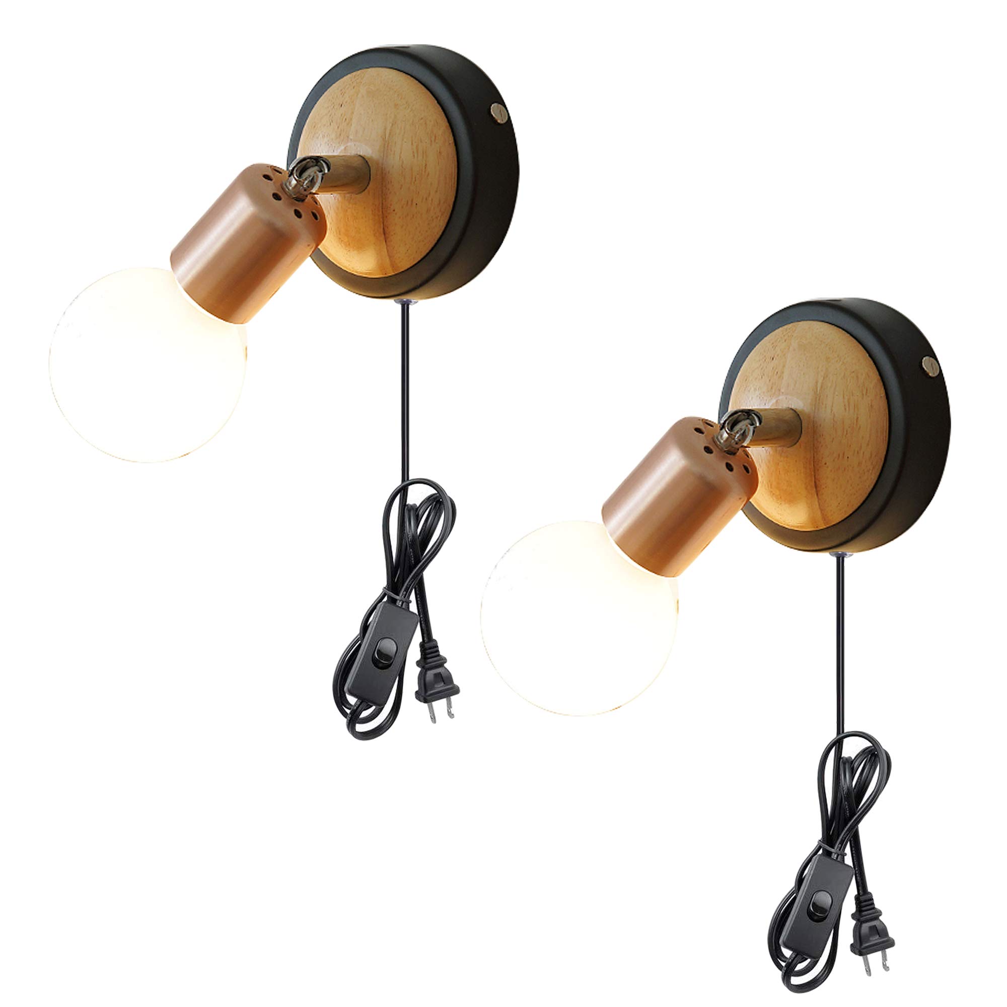 2-Pack Adjustable Wall Sconces with UL Plug-in Cord - Rose Gold E26 Socket & Black Wood Iron Base - Modern Wall Lamp for Bedside Reading, Hallway, Kitchen Island & Corner Lighting - Perfect for Home Office, Living Room & Dorm Decor
