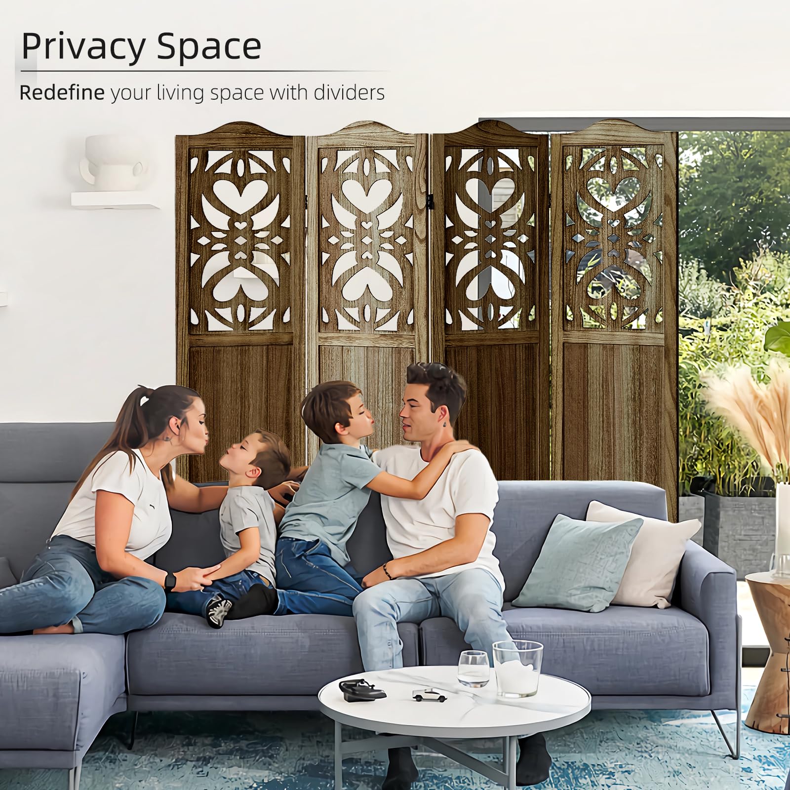 4 Panel Wood Room Divider - 5.6Ft Folding Privacy Screen with Carved Design | Freestanding Partition for Bedroom, Home Office & Living Room | Portable Space Divider in Brown Finish | Perfect for Room Separation, Privacy & Home Decor