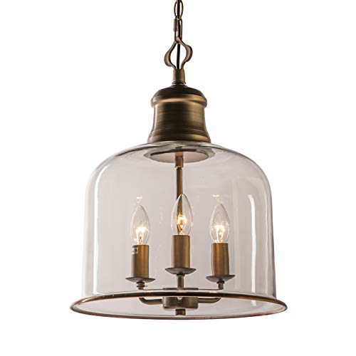 LITFAD 3-Light Vintage Industrial Pendant Light Fixture - Clear Glass Cup Shaped Chandelier with Brass Finish for Dining Room, Bedroom, Hallway or Cafe | Perfect for Farmhouse, Loft & Retro Home Decor