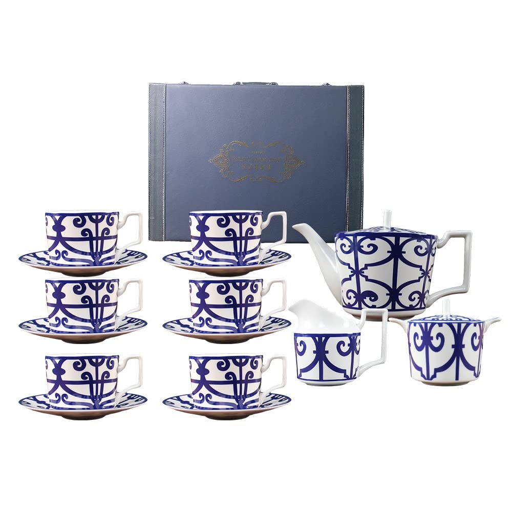 6-Piece European Bone China Tea Cup and Saucer Set - Elegant Blue Ceramic Coffee Cups for Afternoon Tea, Bridal Shower, Mother's Day Gift & Home Decor