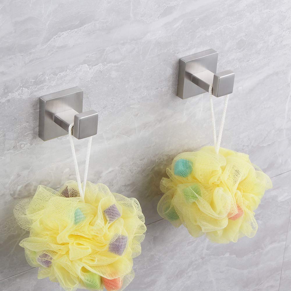 2 Pack Heavy Duty Brushed Stainless Steel Wall Mounted Towel & Robe Hooks - Bathroom, Kitchen, Closet, Garage & Hotel Use - Durable Coat & Clothes Hanger for Doors, Cabinets & Sponge Storage