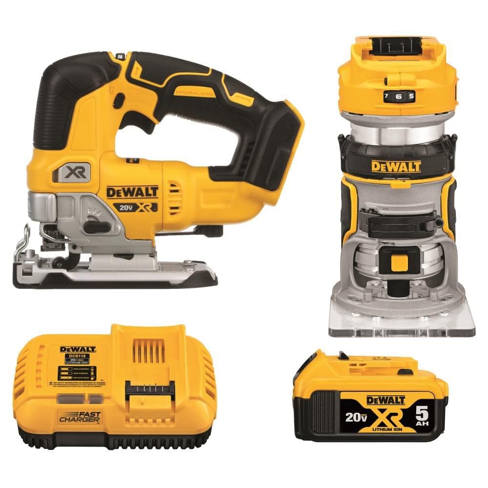 DEWALT 20V MAX Cordless Router and Jig Saw Combo Kit with Battery & Charger (DCK201P1) - Perfect for Woodworking, DIY Projects, and Professional Construction Work