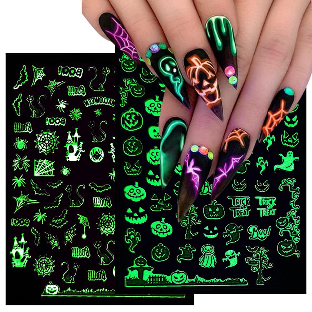 Glow in The Dark Halloween Nail Stickers - 6 Sheets Luminous Nail Decals with Spider Skull Bat Ghost Witch Designs - Day of The Dead Nail Art Supplies for Halloween Party, Costume Accessories & DIY Nail Art - Perfect for Trick or Treat, Halloween Events & Spooky Nail Designs