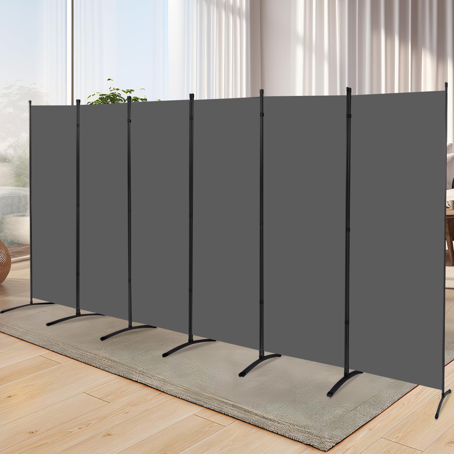 YASRKML 6-Panel Folding Room Divider Privacy Screen - Portable Freestanding Partition Panel with Fabric for Home & Office Separation - Grey | Ideal for Bedroom Privacy, Studio Dividers, and Open Space Organization