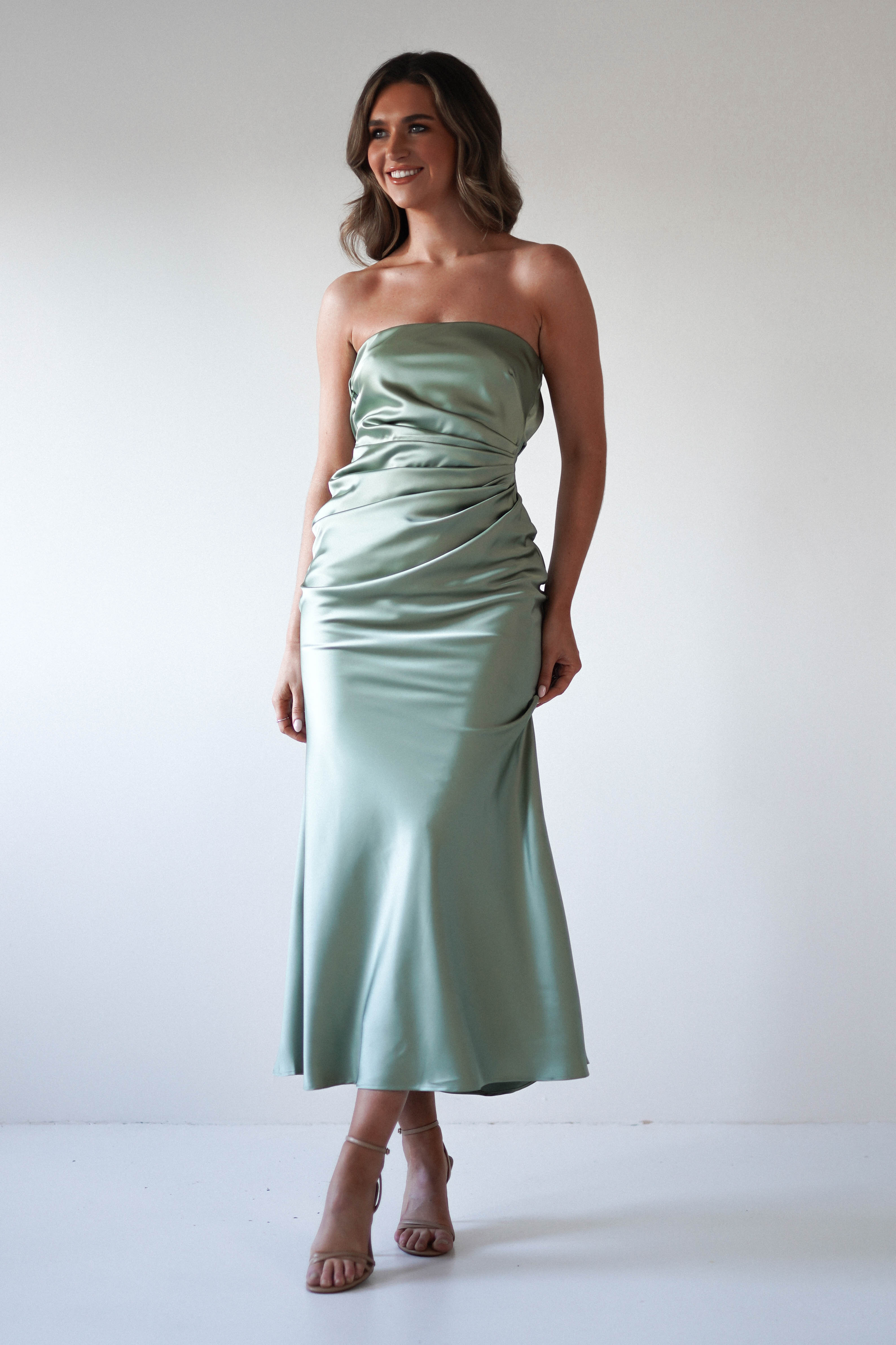Allegra Gathered Midi Dress for Women | Flowy Sage Green Summer Dress | Perfect for Weddings, Parties & Casual Outings