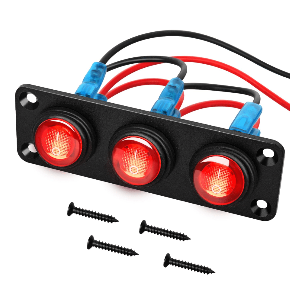 3 Gang 3 Pin Pre-Wired Toggle Switch Panel - Red Color ON/Off Electrical Control for Marine, RV, Automotive & Industrial Use