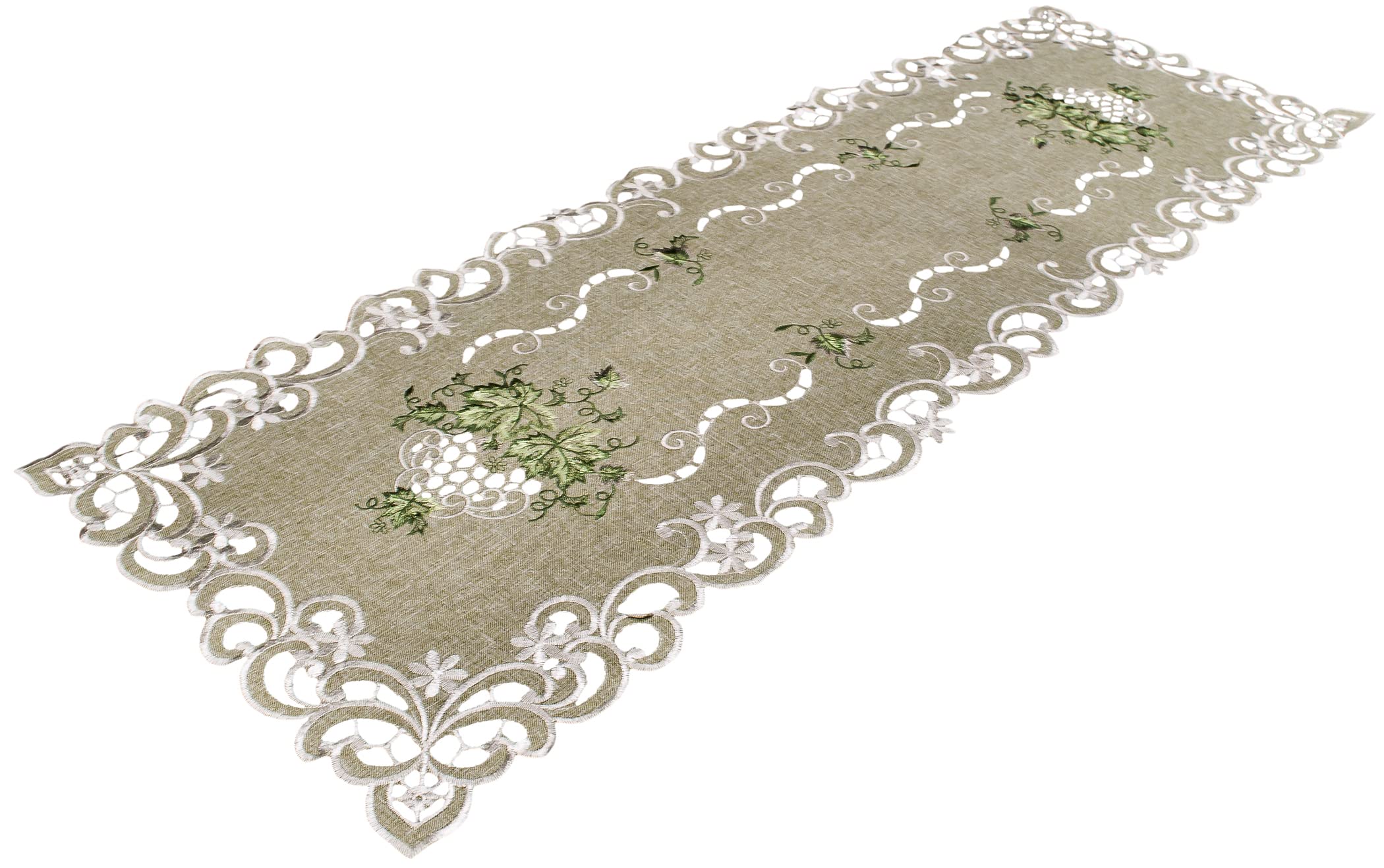 Antique Green Embroidered Leaf Table Runner - 16x70 Inches Long Dresser Scarf for Dining Table, Buffet, or Console Decor