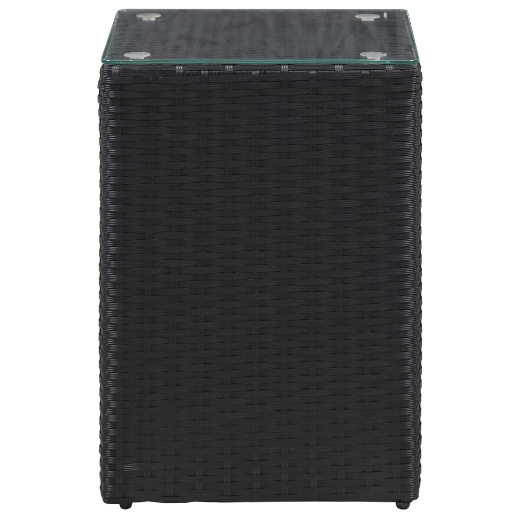 Modern Black Rattan Side Table with Tempered Glass Top - 13.8