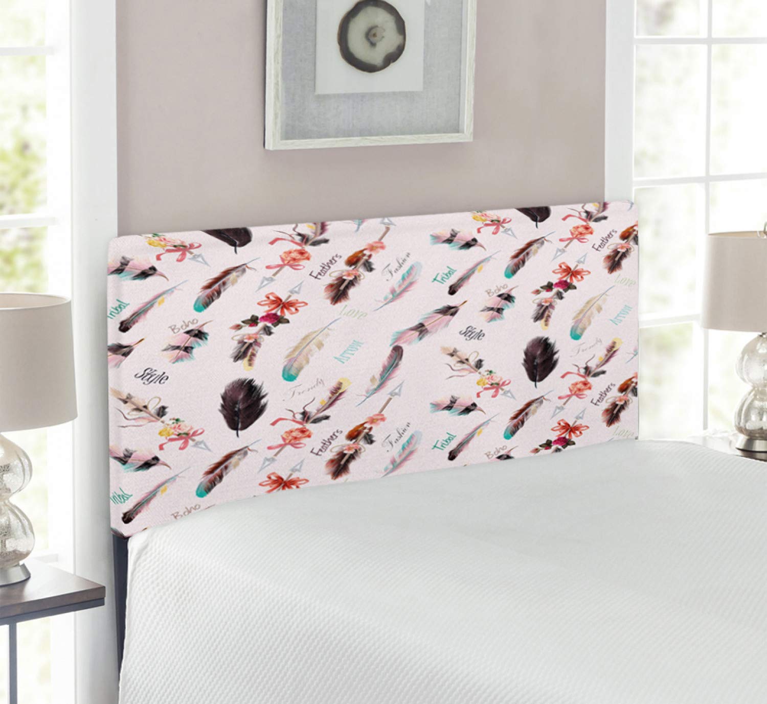 Ambesonne Bohemian Headboard - Vintage Style Upholstered Metal Bed Frame with Memory Foam, Twin Size, Multicolor Feather Floral Design | Perfect for Bedroom Decor & Guest Room Upgrade