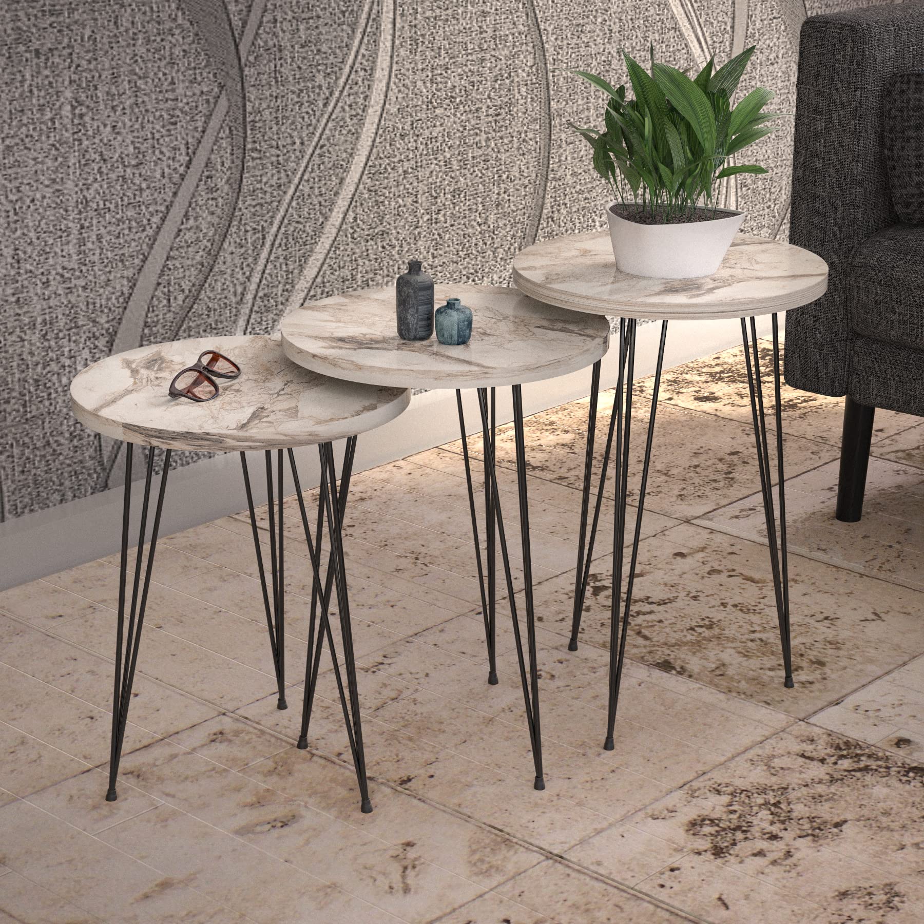 PAK HOME Set of 3 White Marble Nesting End Tables - Round Wood Stacking Coffee Side Accent Tables with Metal Legs for Living Room, Bedroom, Home Office | Modern Home Decor, Small Space Furniture, Apartment Essentials