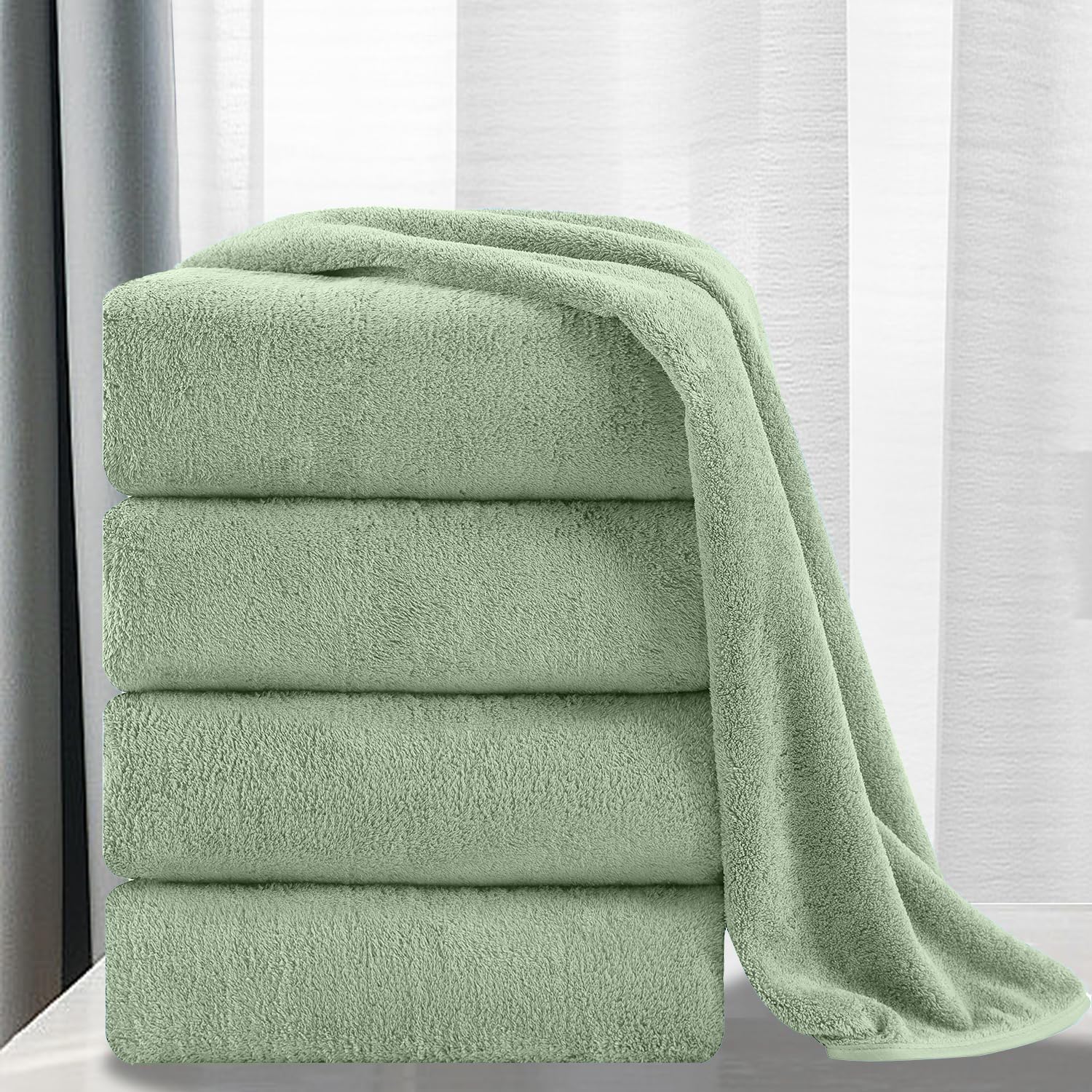 MINCHI 4-Piece Oversized Bath Towels Set - Ultra Soft & Highly Absorbent Luxury Bath Sheets (35x70 Inches) - Pale Green for Home, Spa & Hotel Use - Perfect for Bath, Shower & Poolside Relaxation