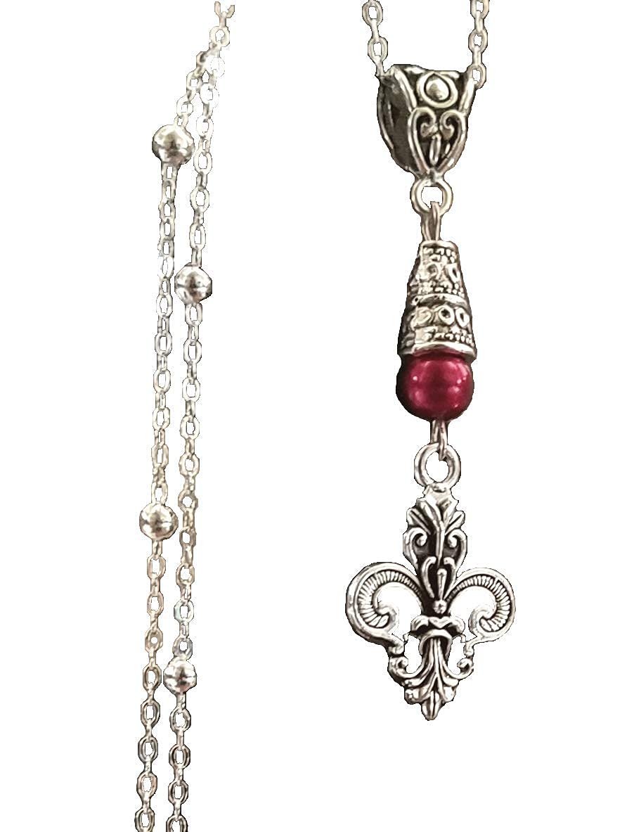 Handmade Sterling Silver Fleur De Lis Necklace with Red Accent - Perfect for Gifts, Weddings & Special Occasions