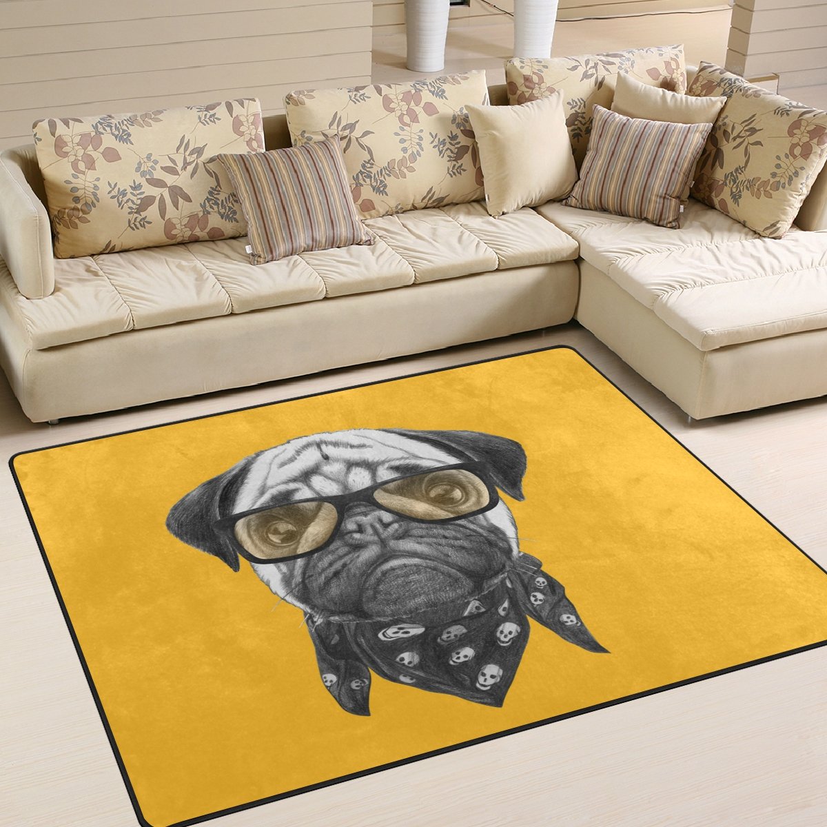 ALAZA Cartoon Pug Dog Rug with Glasses & Scarf - Soft Non-Slip Area Rug for Living Room, Bedroom, Nursery - 7'x5' Pet Lover Home Decor - Perfect for Cozy Spaces & Dog-Themed Room Decor