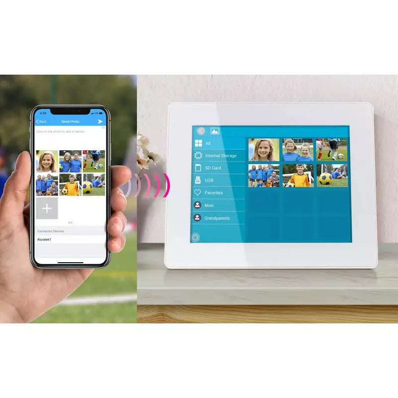 Aluratek 8 Inch WiFi Digital Picture Frame with Touchscreen LCD Display - 16GB Built-in Memory, White - Perfect for Home, Office & Gift Giving
