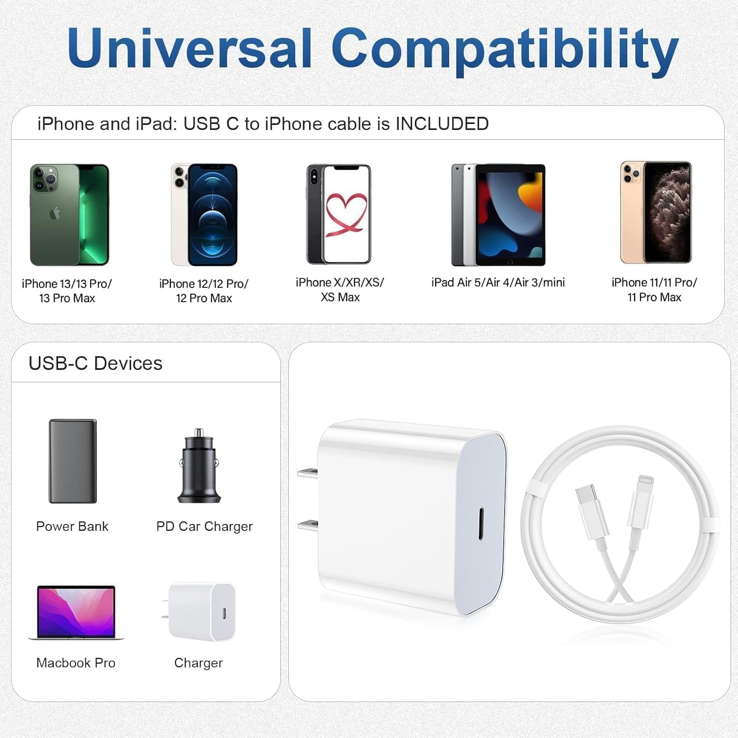 Fast Charging iPhone Charger 2-Pack - Type C Wall Charger Block with 6FT & 10FT USB C to Lightning Cables for iPhone 14/13/12/11/X/XR/XS Max/AirPods Pro - Perfect for Home, Office & Travel