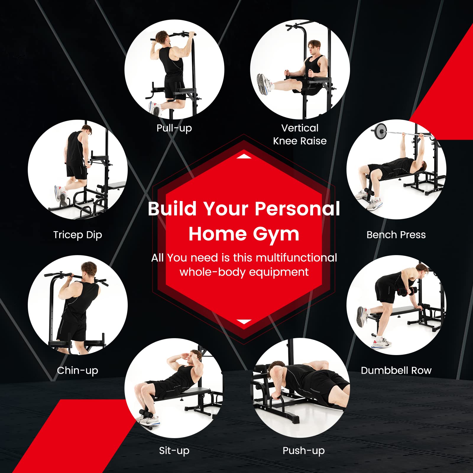 GYMAX Adjustable Height Power Tower with Bench & Pull Up Bar - Foldable Heavy Duty Full Body Strength Training Equipment for Home Gym - Perfect for Chin Ups, Dips, and Full-Body Workouts at Home