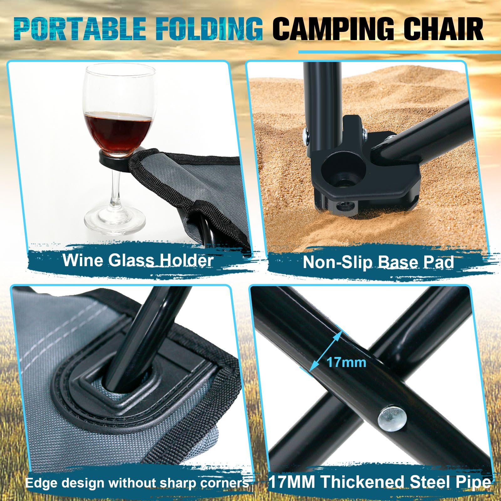 Portable Folding Camping Chair with Side Pocket & Cup Holder - Lightweight Foldable Outdoor Chair for Camping, Hiking, Beach, Picnics, Fishing, Backyard - Compact Travel Chair with Wine Glass Holder & Carry Bag - Perfect for Outdoor Adventures, Tailgating and Relaxing in Nature
