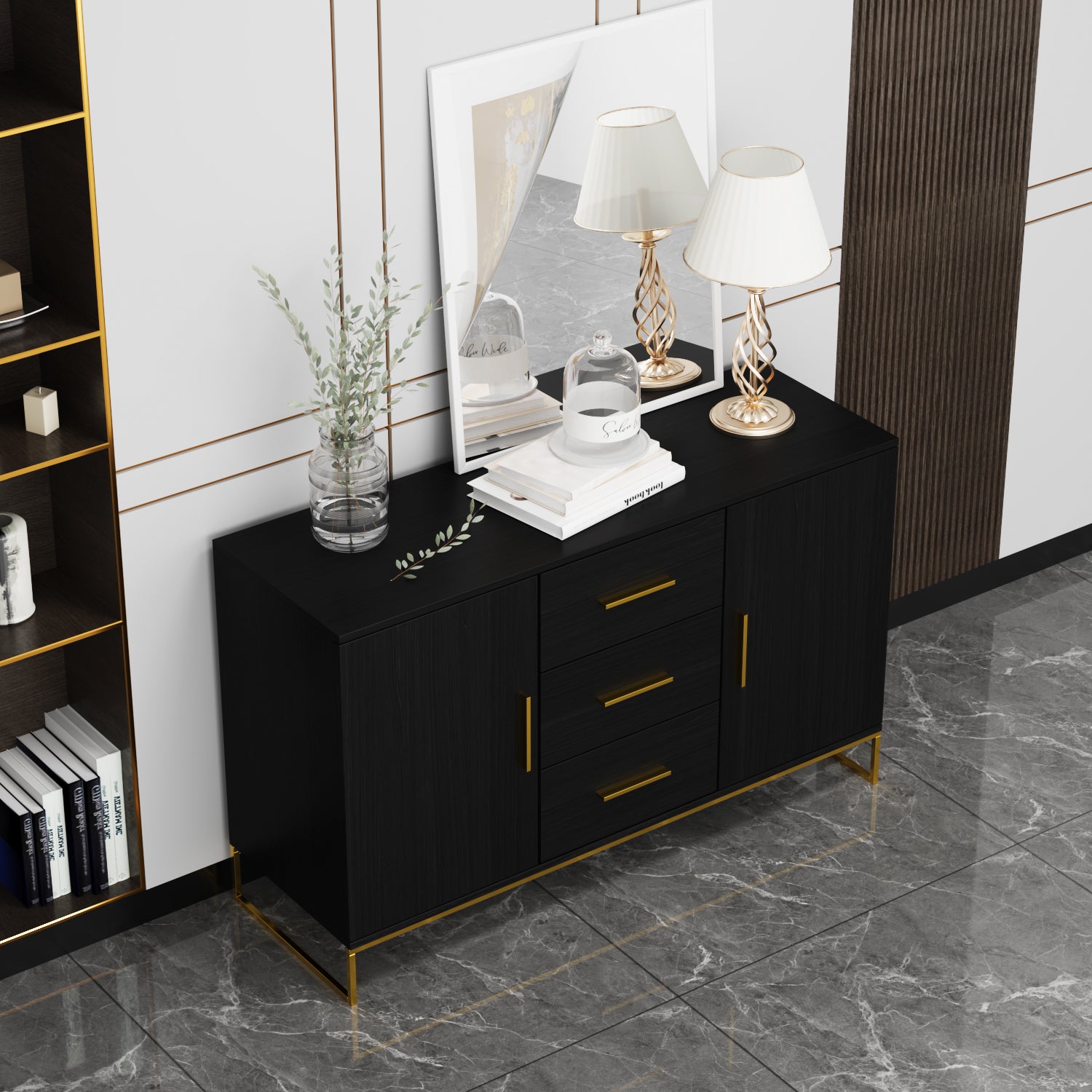 3-Drawer 2-Door Storage Cabinet with Metal Legs - Organizer for Dining Room, Living Room & Office - Perfect for Storing Dishes, Linens & Home Essentials