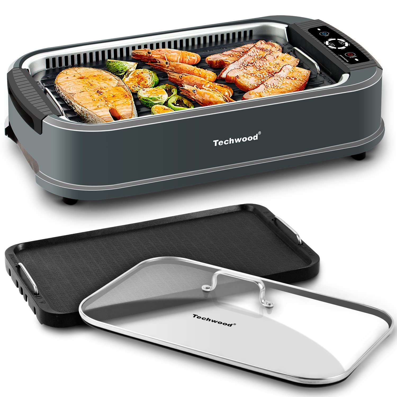 Techwood 1500W Electric Smokeless Indoor Grill - Korean BBQ Tabletop Grill with Tempered Glass Lid, Removable Grill & Griddle Plates, Drip Tray - Perfect for Home Cooking, Family Gatherings & Healthy Meals (Gray)