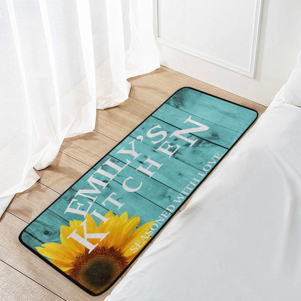 Emelivor Custom Kitchen Rug - Washable Non-Slip Anti-Fatigue Floor Mat with Teal Sunflower Design, Personalized Home Decor for Kitchen, Dining Room & Entryway - Perfect Gift for Housewarming & Holidays