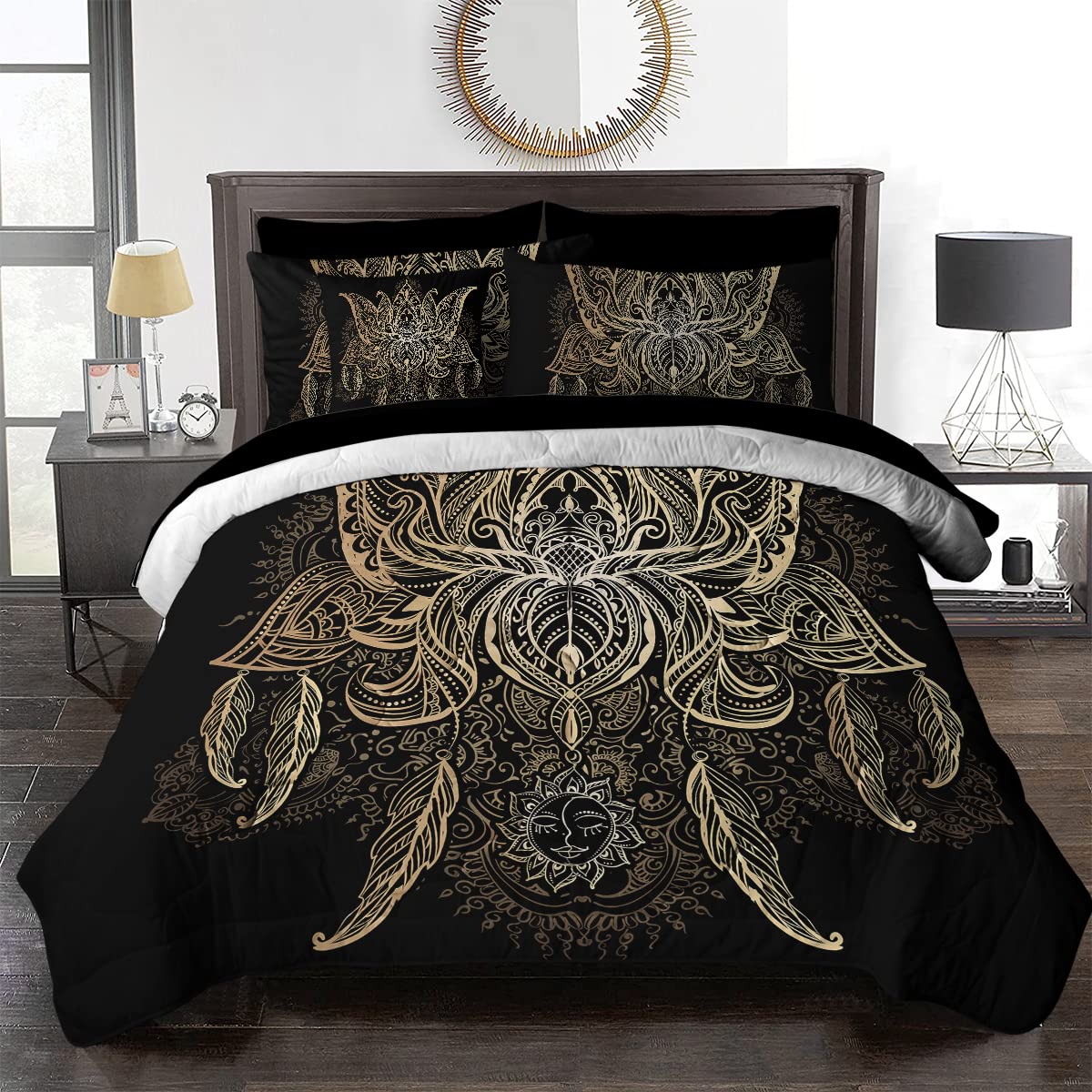 BlessLiving 8-Piece Lotus Comforter Set - Full Size Mandala Boho Sun Bedding Collection with Black & Gold Design (Includes Comforter, Sheets, Pillowcases, Shams & Cushion Cover) | Lightweight & Breathable for All-Season Comfort | Perfect for Bohemian Bedroom Decor, Guest Rooms & Dorm Essentials