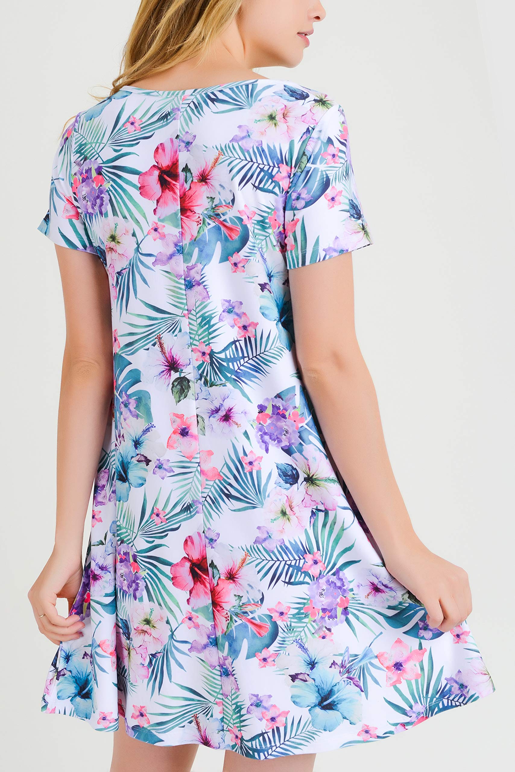 ICONOFLASH Women's Floral Print Casual Summer Dress with Pockets - Short Sleeve Comfortable A-Line Sundress for Beach, Vacation & Daily Wear