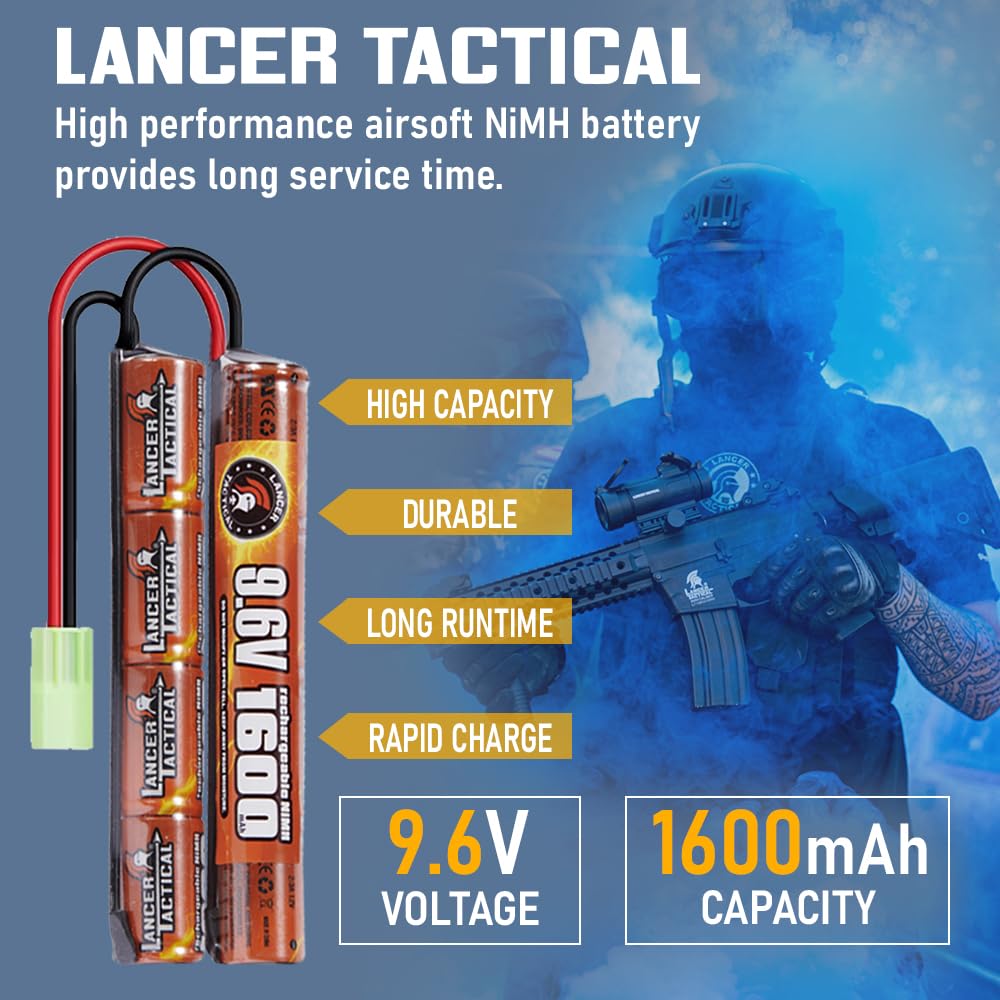 Lancer Tactical 9.6V NiMH 1600mAh Butterfly Battery Pack with Smart Charger - 2 Pack | High Performance Airsoft Battery for AEG Rifles & Pistols | Perfect for Outdoor Skirmishes and Tactical Training