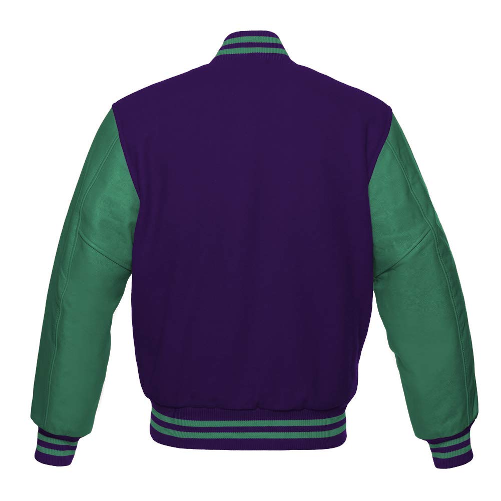 Varsity Jacket Baseball Letterman Bomber Jacket - Purple Wool with Genuine Green Leather Sleeves for Men & Women | High School, College, Sports Team, Casual Outfit, Vintage Style Fashion