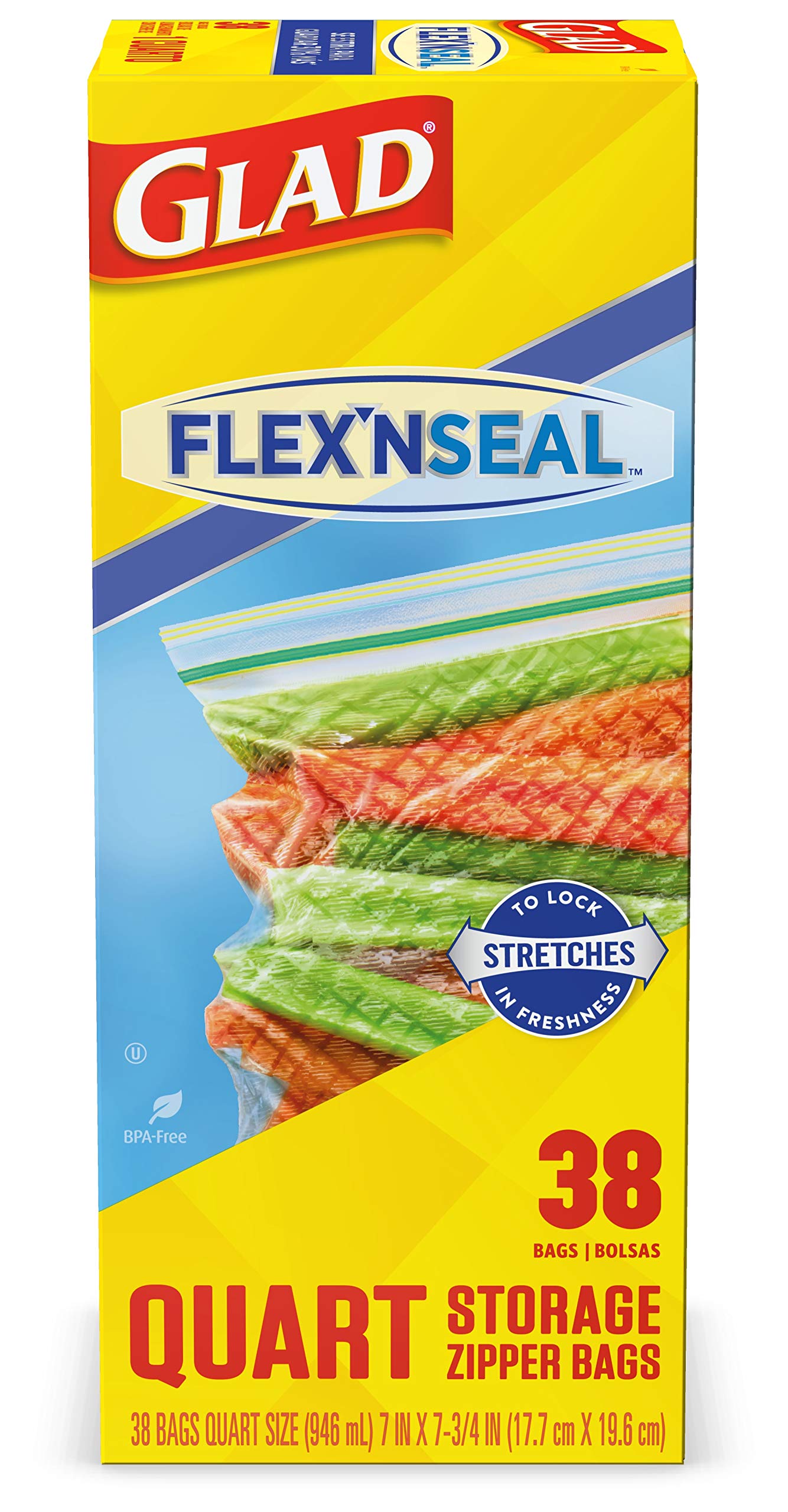 Glad Flex'N Seal Quart Food Storage Plastic Bags - 38 Count (Package May Vary) | Airtight Freshness for Leftovers, Meal Prep & Snacks | Perfect for Home, Office & Picnics